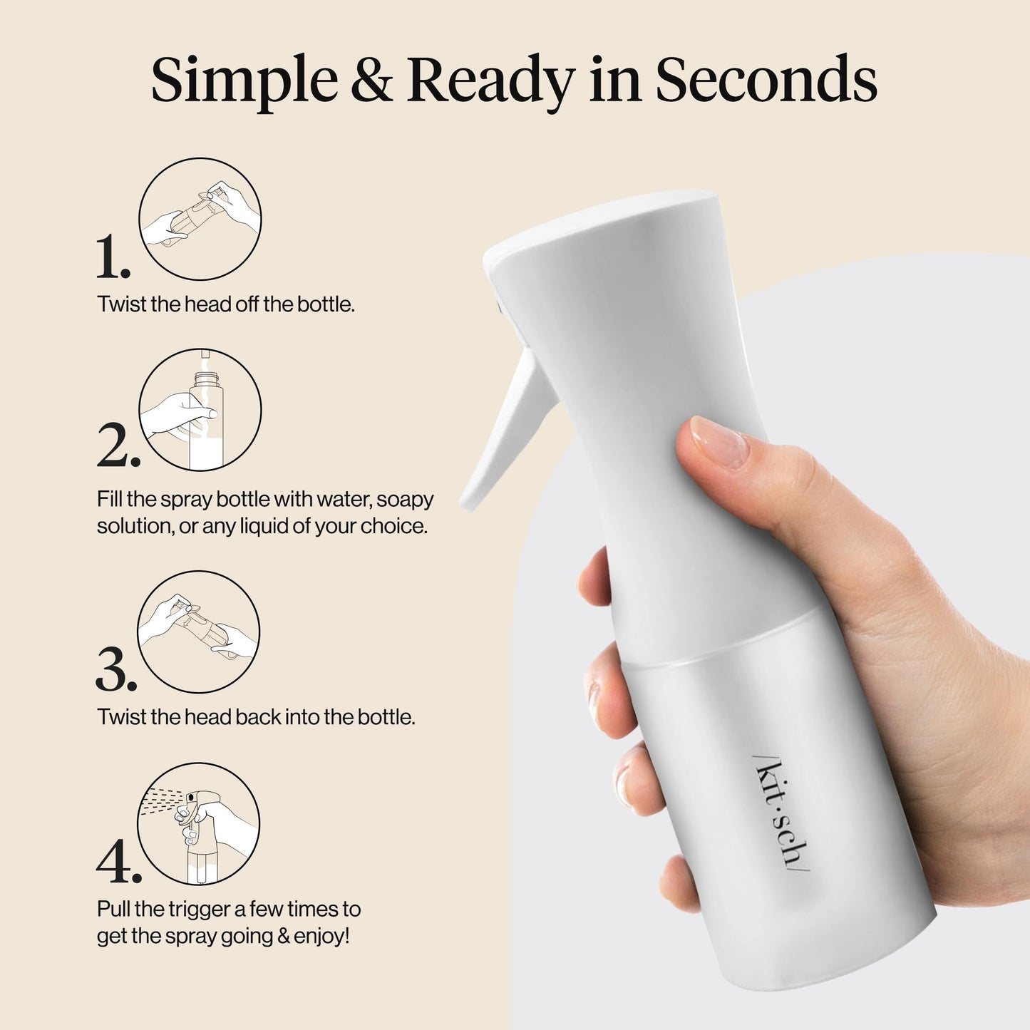Antique White Kitsch Continuous Spray Bottle for Hair – Fine Mist Water Mister & Water Spray Bottle – Recycled Hair Spray Bottle – Spray Bottles for Cleaning, Styling, Plants & More – White, 150ml
