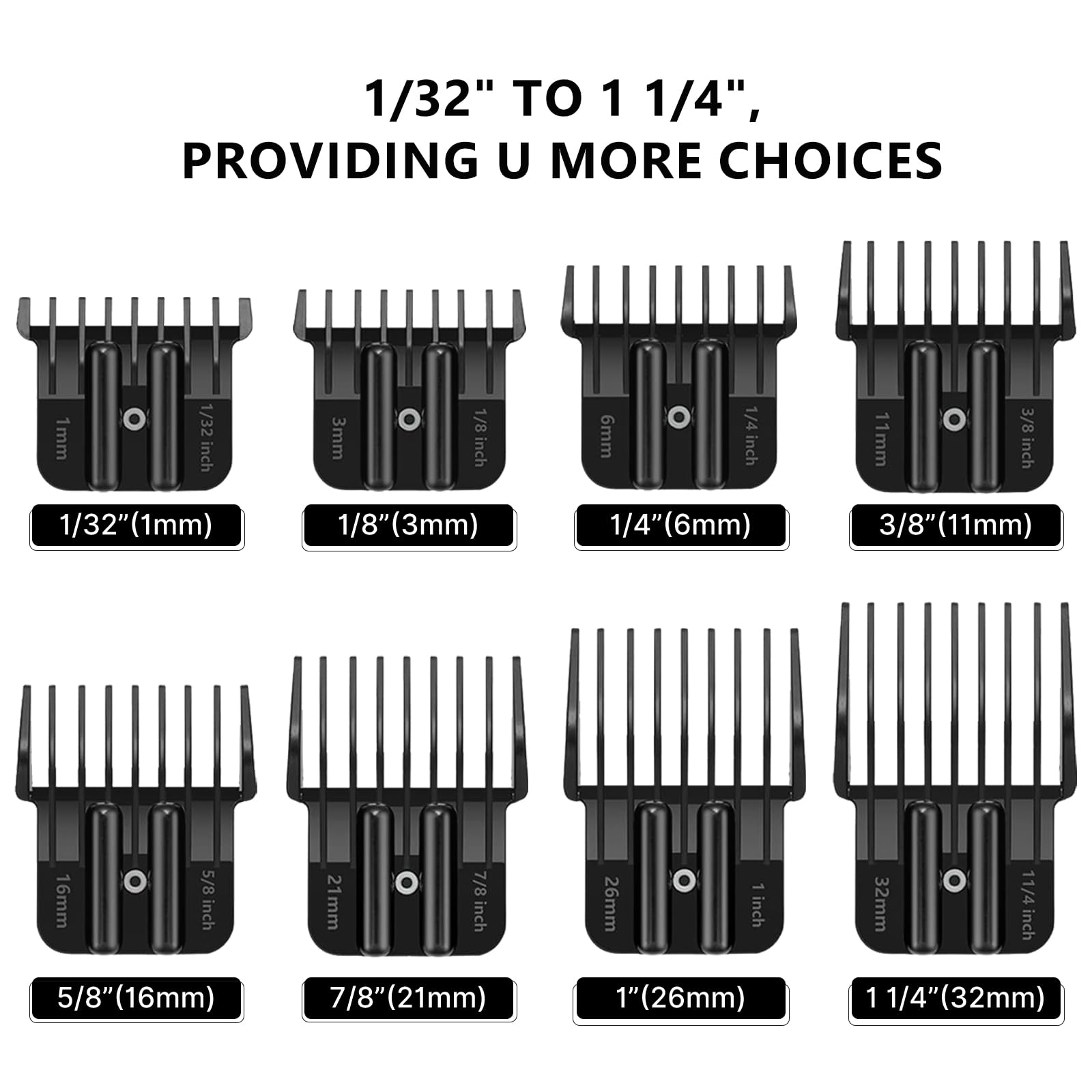 White Smoke 8 Pack Clipper Guards for Wahl Detailer & Andis T Outliner & BaByliss PRO, 1/32" to 11/4" Universal Hair Clipper Guards Set, Snap-on Blade Attachment Combs with Springs for Most Hair Clippers, Black
