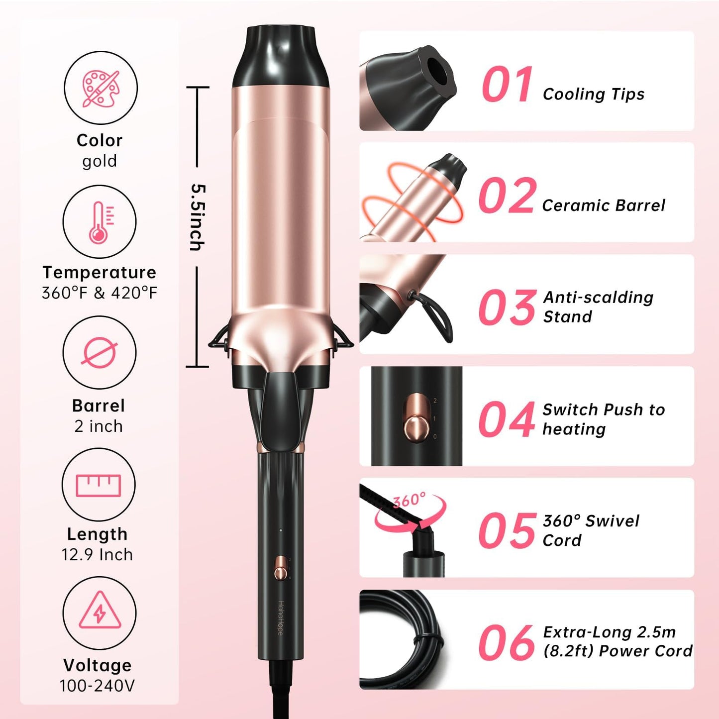 White Smoke Hahahope Professional 2 Inch Curling Iron with Clamp - Large Barrel Curling Wand for Long Hair, Dual Voltage, Adjustable Heat Settings, Lightweight Design Rose Gold