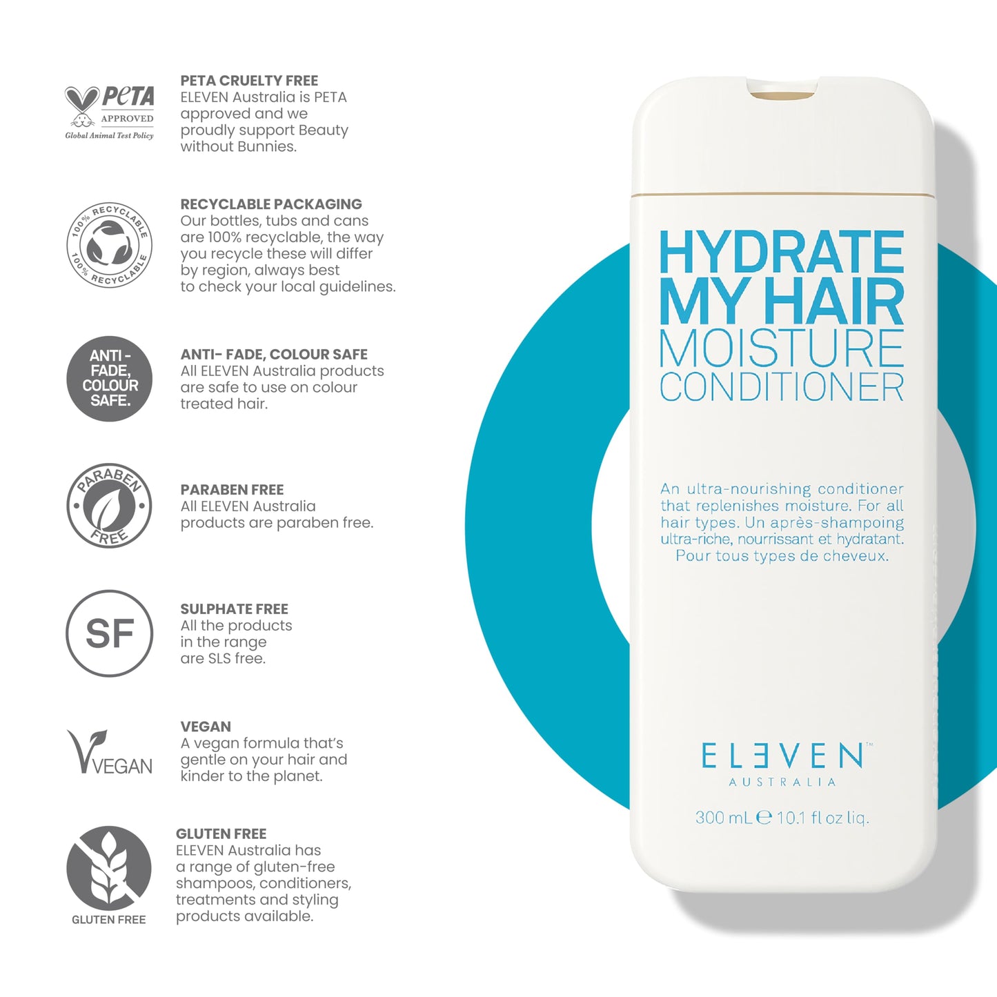 White Smoke ELEVEN AUSTRALIA Hydrate My Hair Moisturizing Conditioner for Women & Men - Hydrating Conditioner for Dry & Damaged Hair, Restores Hydration & Shine, Color Safe, Sulfate & Paraben Free - 10.1 fl oz