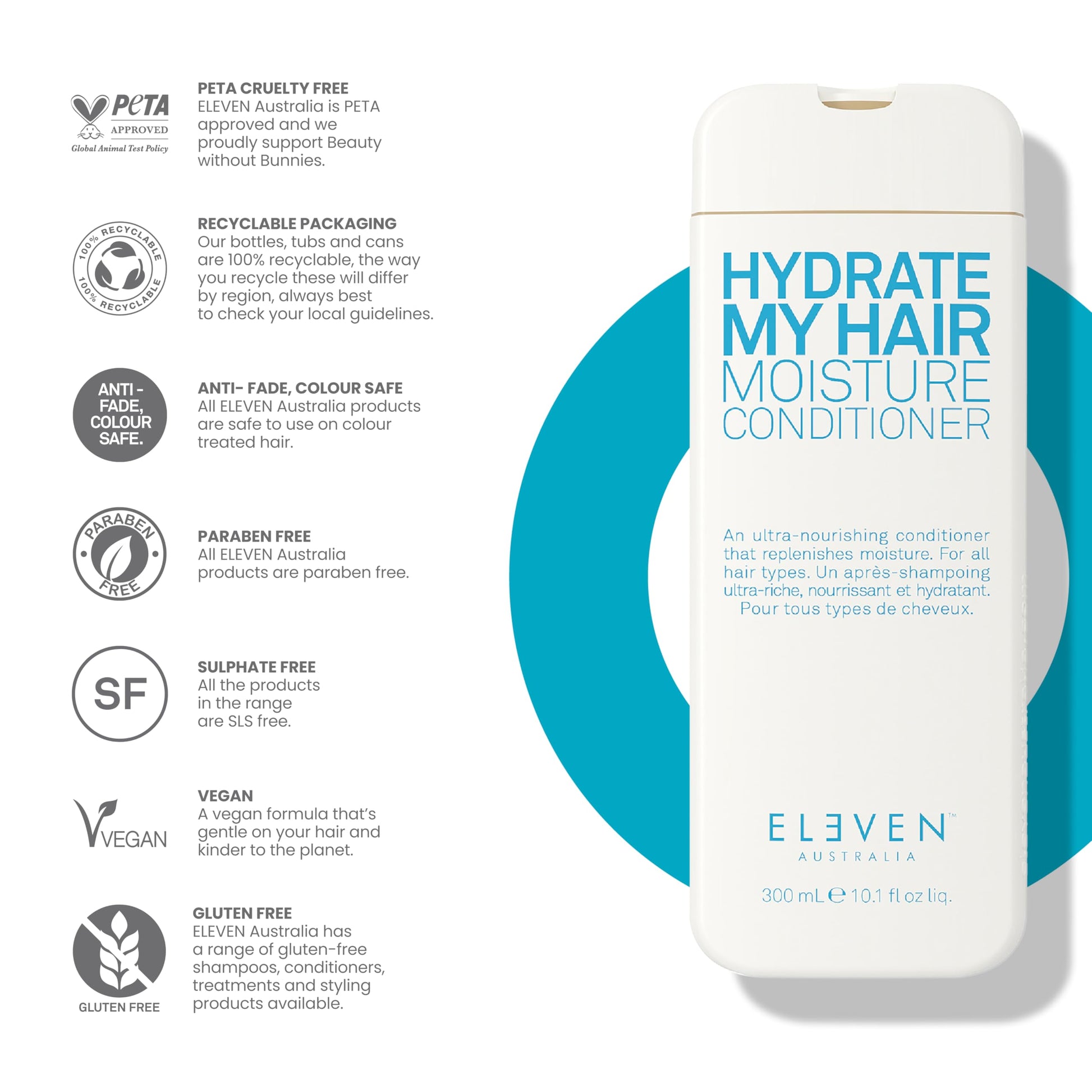 White Smoke ELEVEN AUSTRALIA Hydrate My Hair Moisturizing Conditioner for Women & Men - Hydrating Conditioner for Dry & Damaged Hair, Restores Hydration & Shine, Color Safe, Sulfate & Paraben Free - 10.1 fl oz