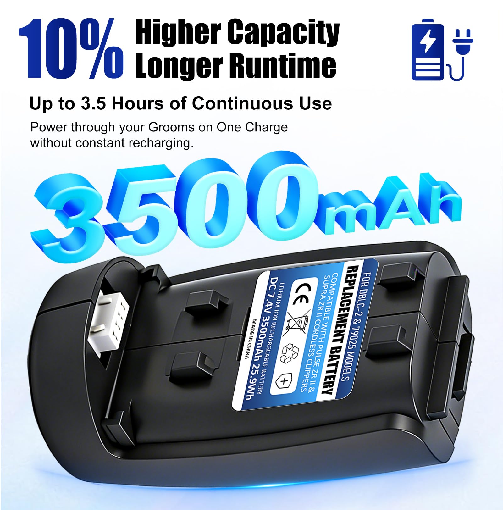 White Smoke Loarysk Upgrade High-Capacity 3500mAh Replacement Lithium-ion Battery for DBLC-2 & 79025 Models,Compatible with Andis Pulse ZR II & Supra ZR II Cordless Clippers (1 Pack)