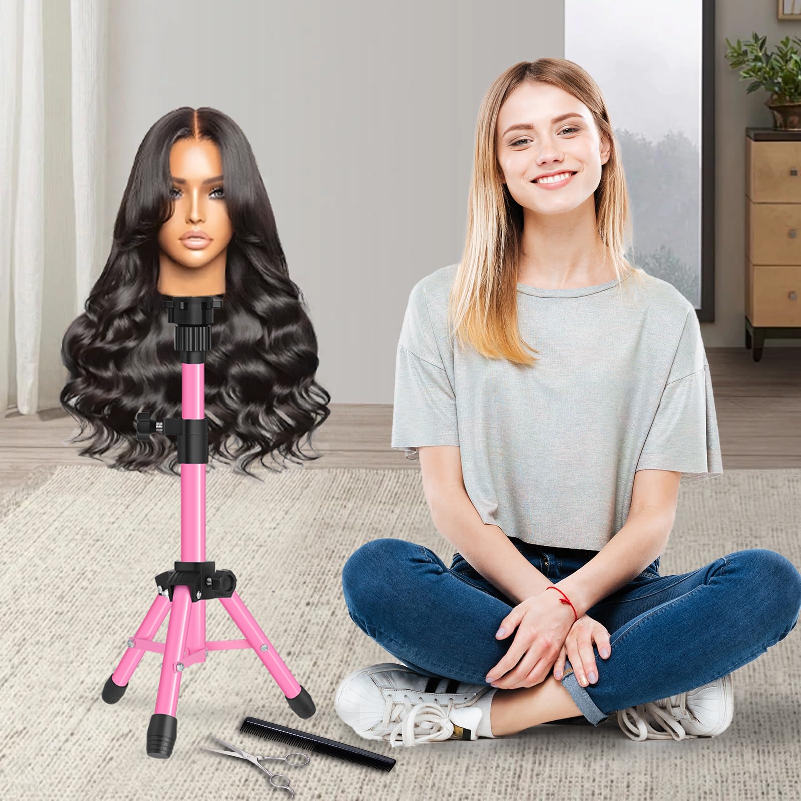 Gray AliLeader 25 Inch Mannequin Head Stand Tripod for Mannequin Head Wig Stand Tripod Wig Head Stand for Training Heads and Canvas Block Head (Mannequin Head Not Included,Pink)