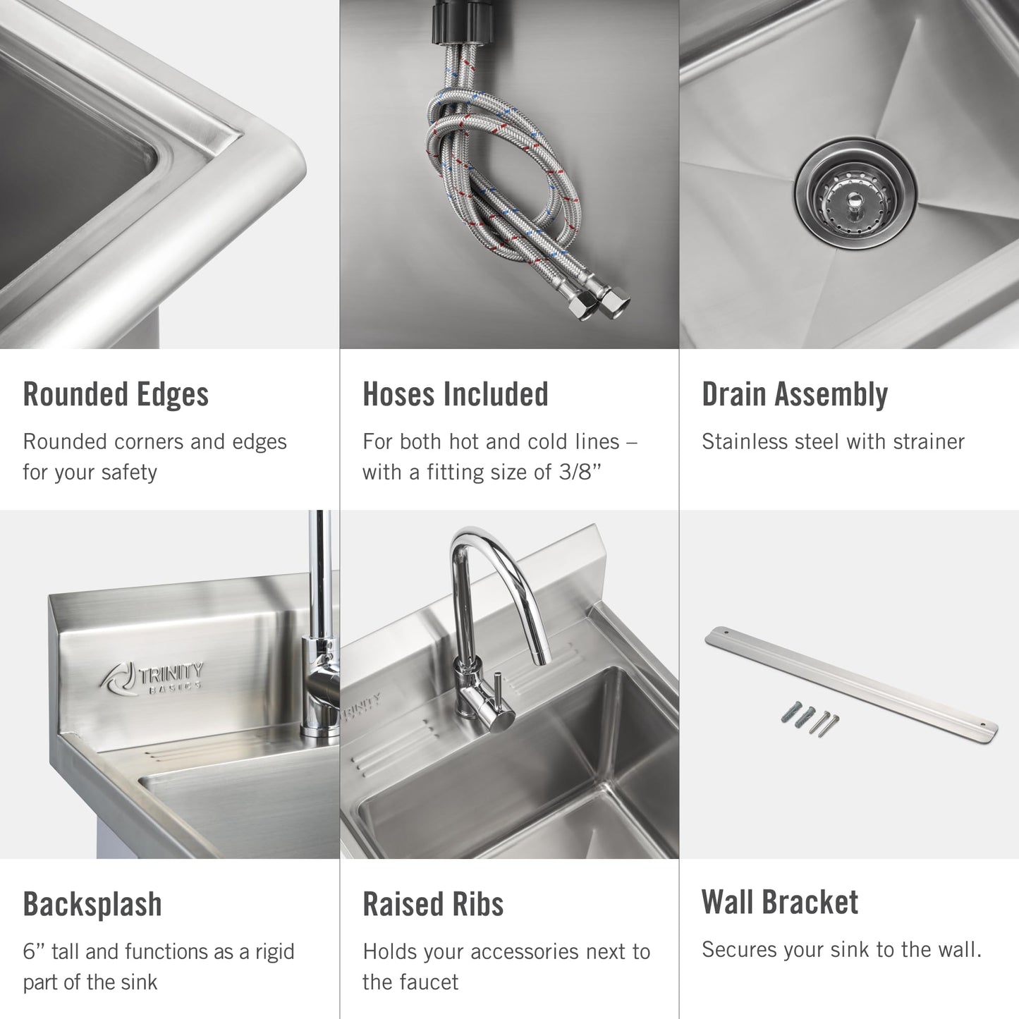White Smoke TRINITY BASICS 21.5in Freestanding Stainless Steel Utility Sink, NSF Sink For Laundry Room, Garage, Shop, Kitchen Prep, Food Truck, Dog Wash, with Hot/Cold Pullout Chrome Faucet, 21.5” x 24” x 49.2”