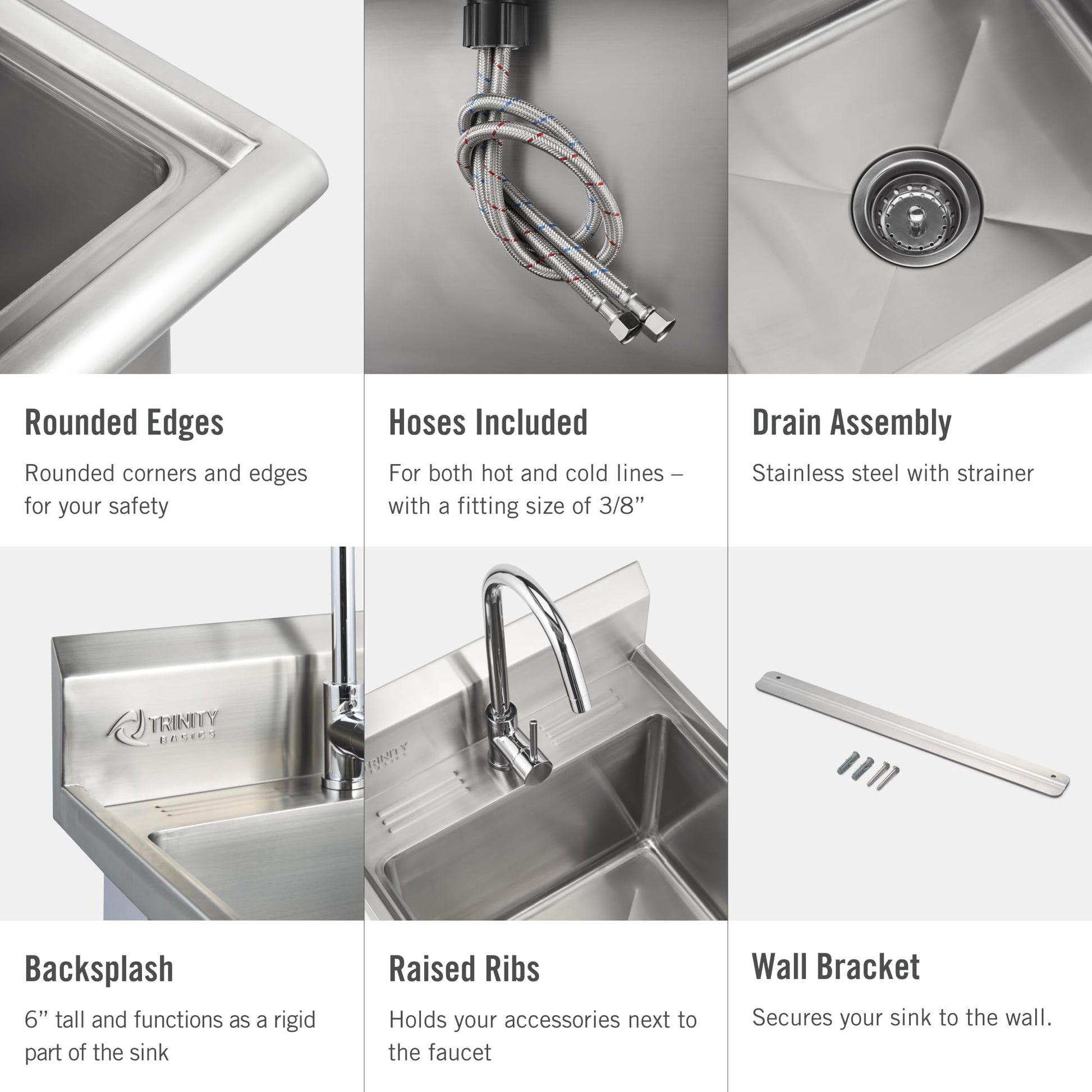 White Smoke TRINITY BASICS 21.5in Freestanding Stainless Steel Utility Sink, NSF Sink For Laundry Room, Garage, Shop, Kitchen Prep, Food Truck, Dog Wash, with Hot/Cold Pullout Chrome Faucet, 21.5” x 24” x 49.2”