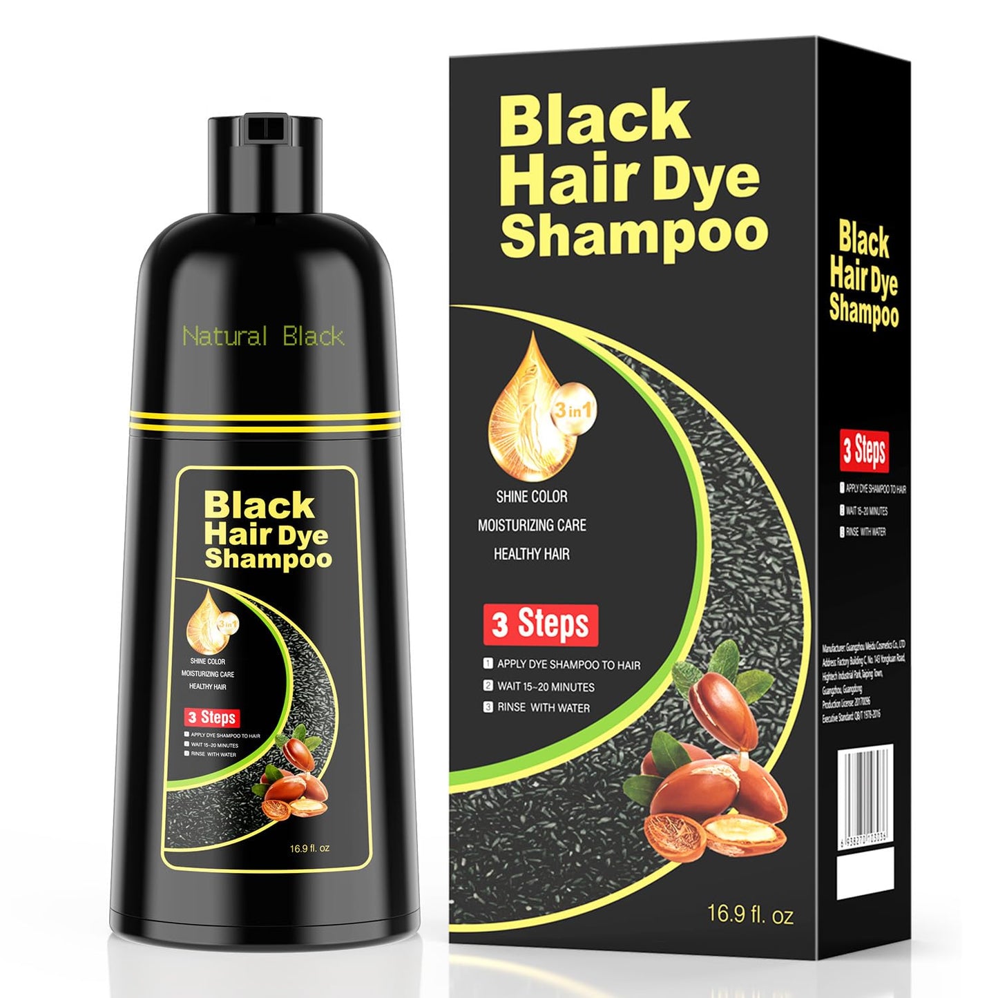 White Smoke KAISASA Black Hair Dye Shampoo 3 in 1，Argan Natural Herbal Formula Hair Color Shampoo Covers Gray Hair for Women and Men (16.9 fl.oz Black)