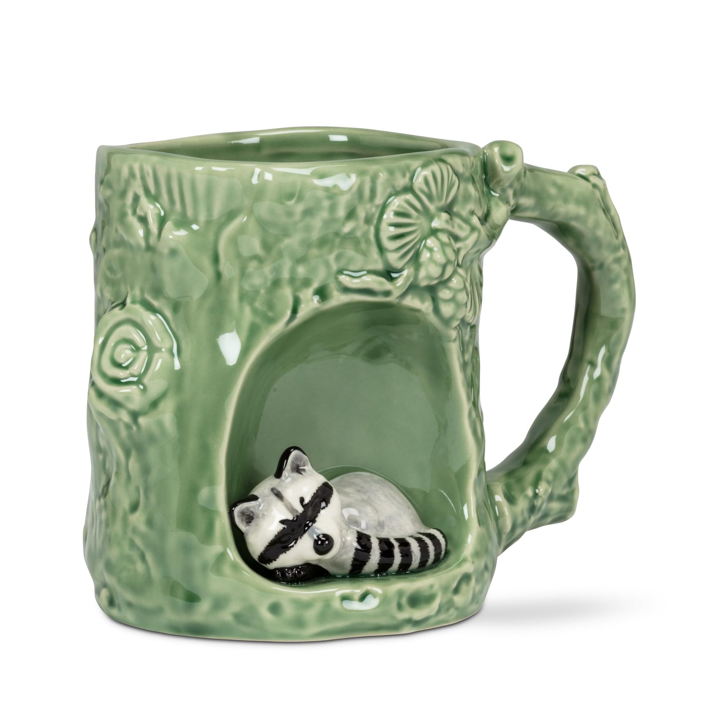 White Smoke Abbott Collection Alcove Tree Look Mug with Raccoon - Stoneware, Green/Grey, 4 inches H (12oz)