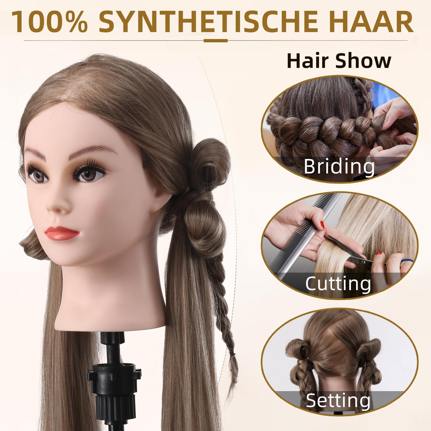 Seashell Mannequin Head with Hair, 26" Hair Mannequin Manikin Head Hair Practice Cosmetology Hair Doll Head Styling Hairdressing Training Braiding Cutting Setting with Clamp Holder and Tools