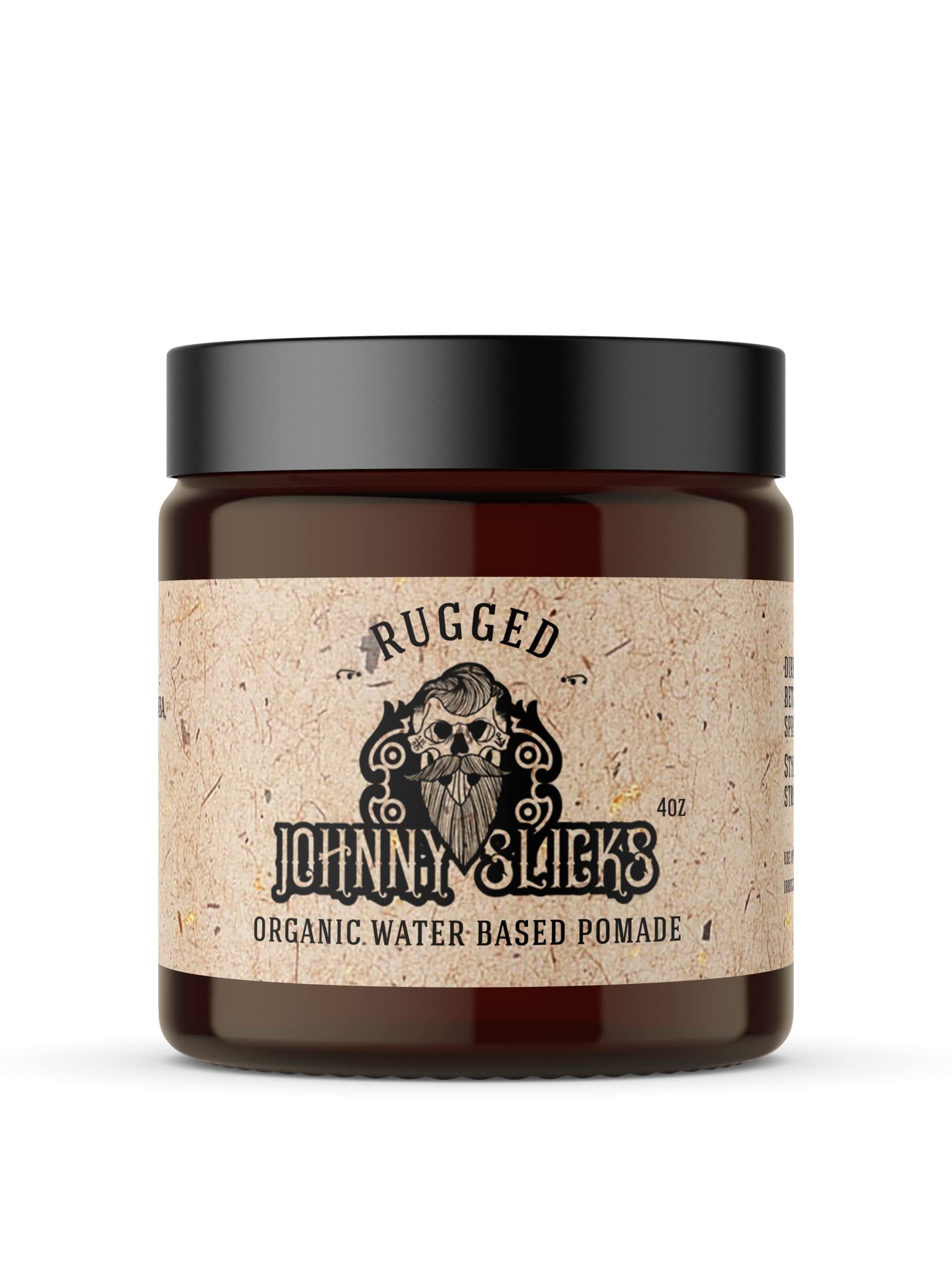 Tan Johnny Slicks Water Based Pomade | Strong Hold, High Shine, All Organic Styling for Men | Promotes Healthy Hair Growth & Helps Hydrate Dry Skin (Rugged, 4 Ounce) US Made, Veteran Owned