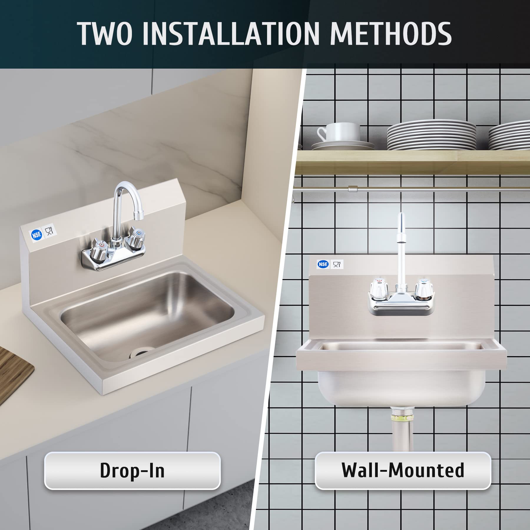 Gray WILPREP Hand Sink Commercial Stainless Steel Sink for Washing, NSF Utility Sink with Gooseneck Faucet, Wall Mount Kitchen Sink for Restaurant Bar RV Bathroom Laundry Room (17 x 15 Inches)