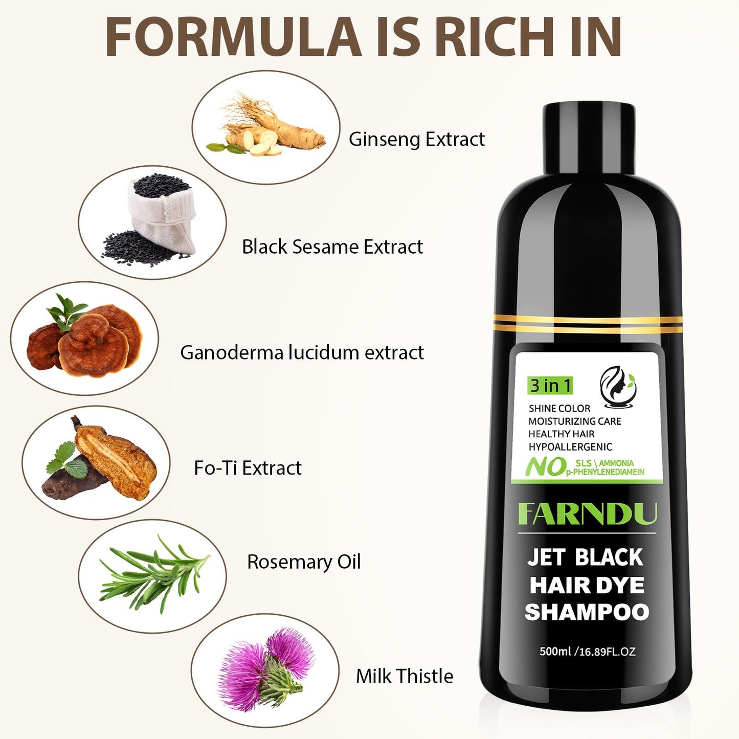 White Smoke Farndu Jet Black Hair Dye Shampoo Ammonia-free & PPD-free, Gray Hair Coverage Natural Herbal 3 in 1 Hair Color Shampoo for Women Men