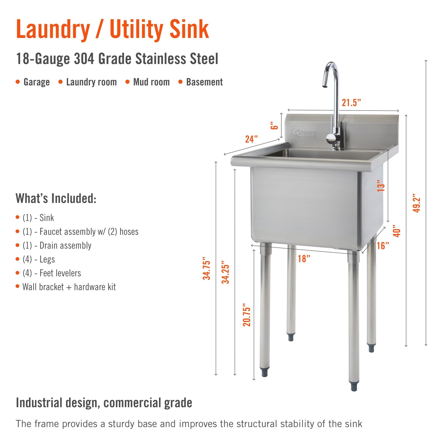 White Smoke TRINITY BASICS 21.5in Freestanding Stainless Steel Utility Sink, NSF Sink For Laundry Room, Garage, Shop, Kitchen Prep, Food Truck, Dog Wash, with Hot/Cold Pullout Chrome Faucet, 21.5” x 24” x 49.2”