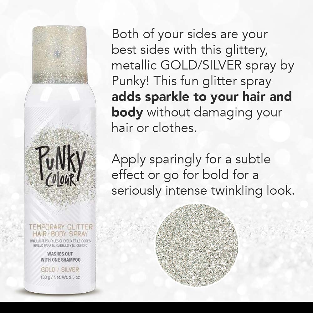 White Smoke Punky Colour Temporary Hair and Body Glitter Spray, Gold/Silver – Glitters Hairspray, Adds Shimmery Glow, Hair Glitter for Kids, Women, Men, 3.5 oz
