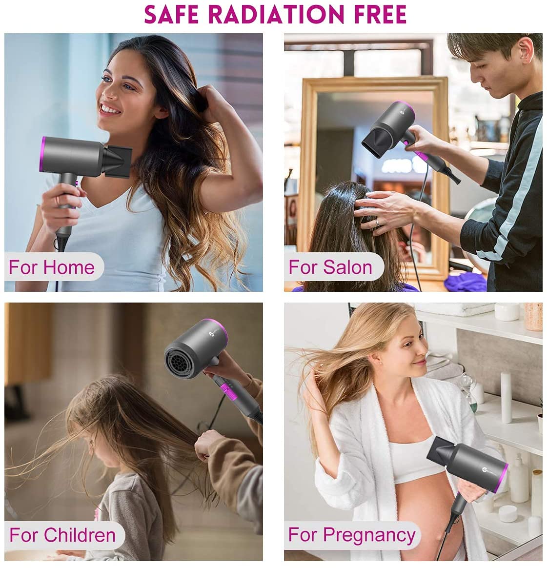 White Smoke slopehill Professional Ionic Hair Dryer, Powerful 1800W Fast Drying Low Noise Blow Dryer with 2 Concentrator Nozzle 1 Diffuser Attachments for Home Salon Travel