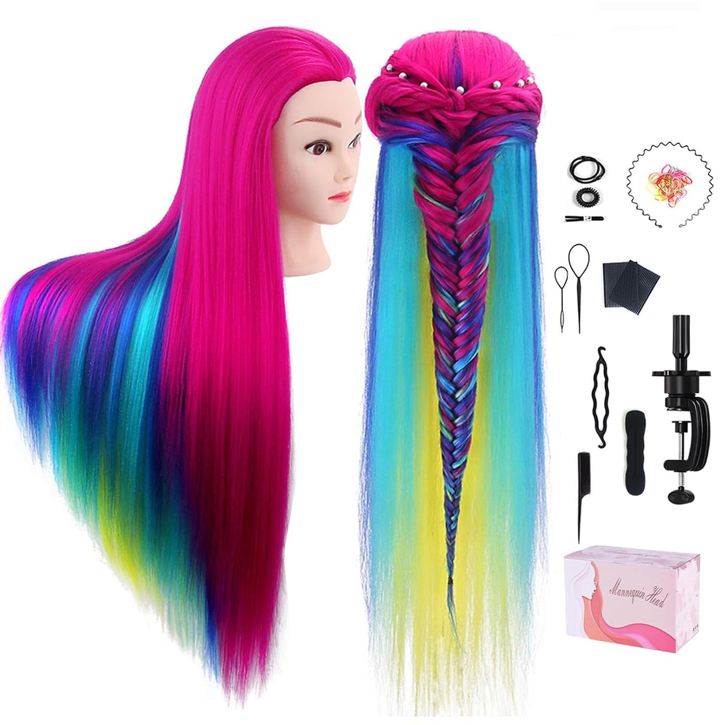 White Smoke Training Head, TopDirect 29" Colorful Hair Mannequin Manikin Head Cosmetology Doll Head Practice Styling Hairdressing Training Braiding Heads with Clamp Holder and Tool Set
