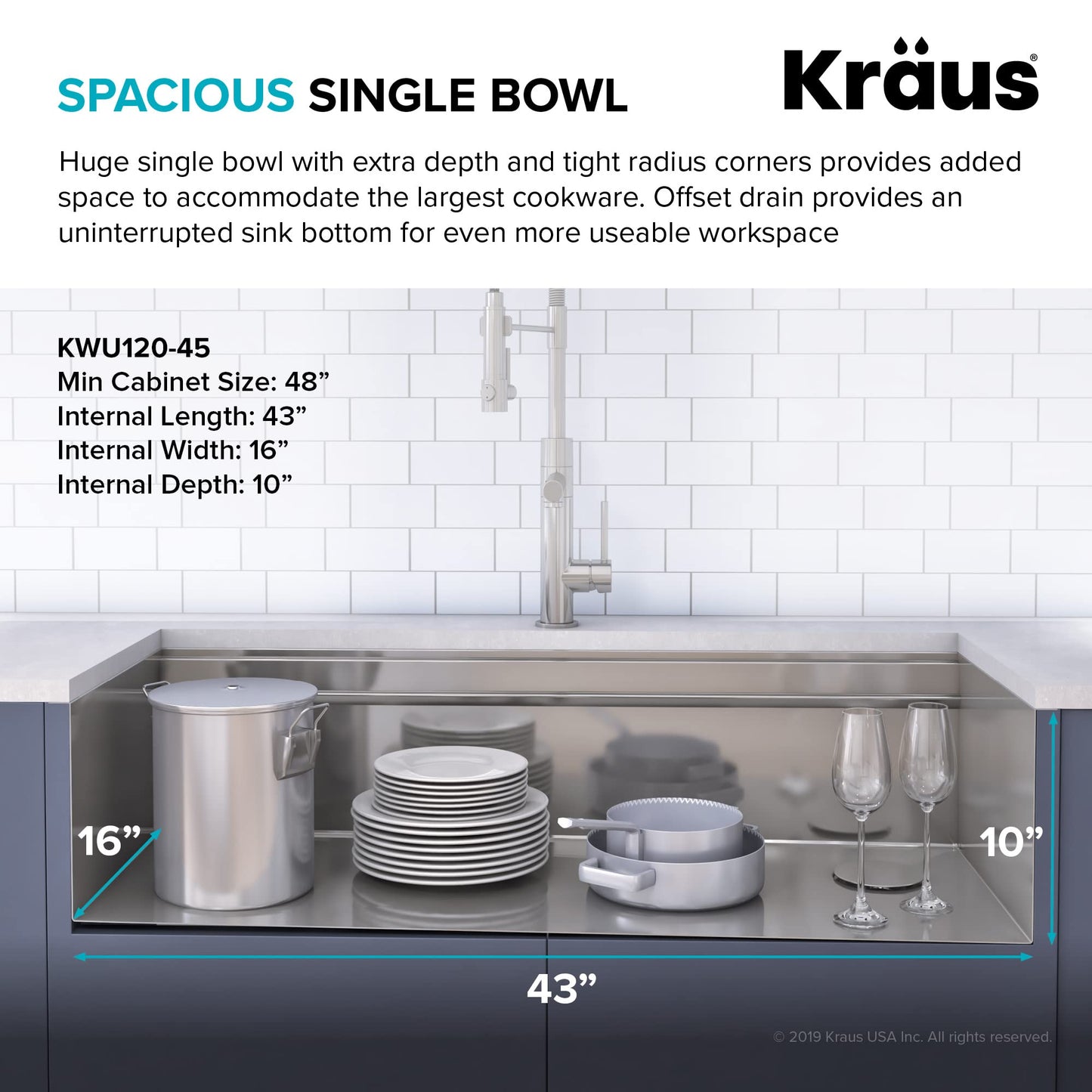 White Smoke KRAUS Kore Workstation 45-inch Undermount 16 Gauge Stainless Steel Kitchen Sink, Single Bowl Kitchen Sink with Accessories, KWU120-45