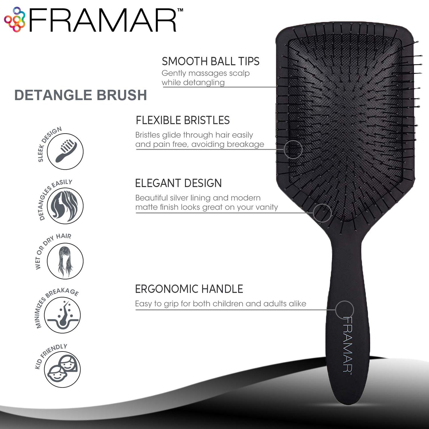 White Smoke FRAMAR Black Paddle Hair Brush For Women – Wet Paddle Brush Detangler For Thick Hair Brushes For Women, Hairbrush – Reduces Breakage