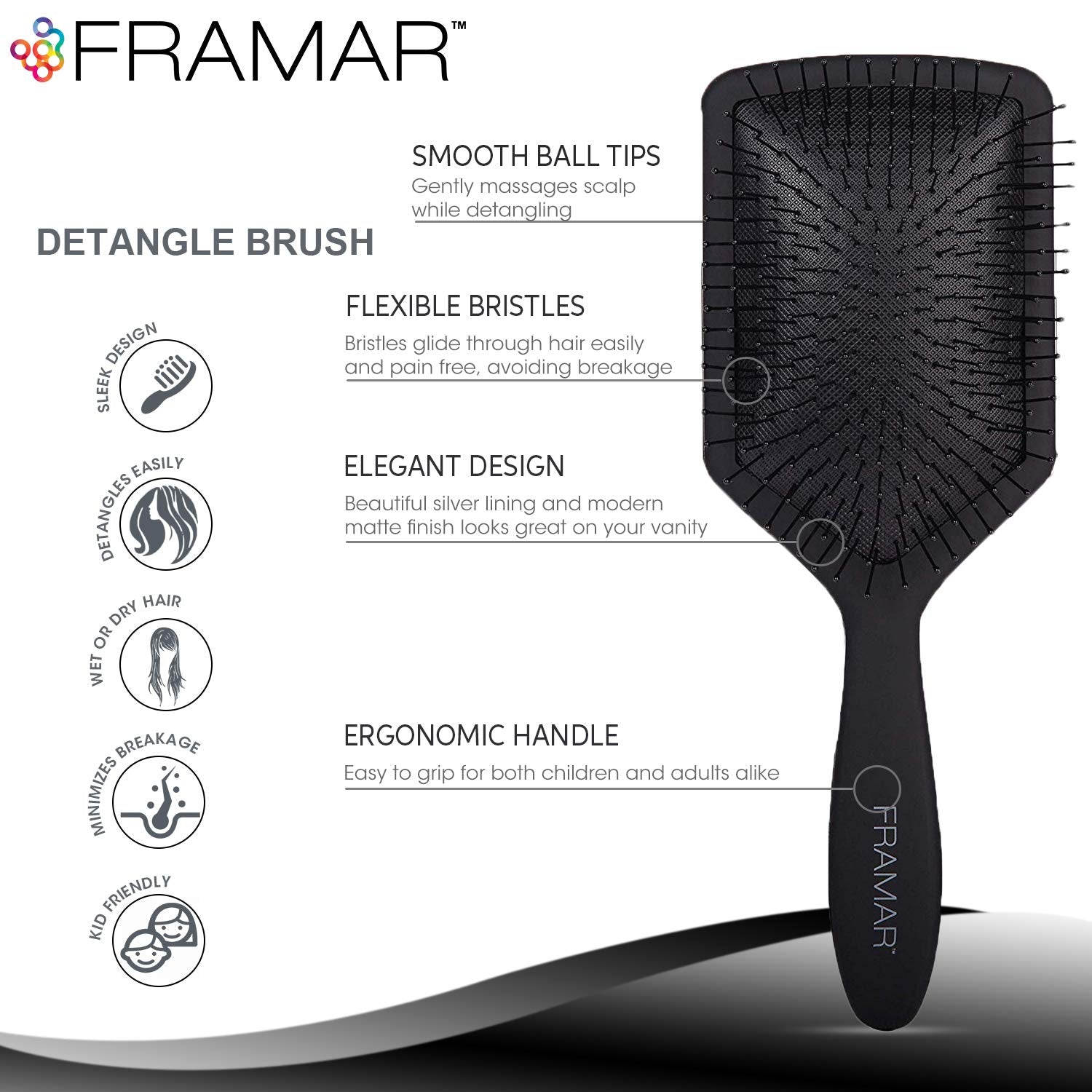 White Smoke FRAMAR Black Paddle Hair Brush For Women – Wet Paddle Brush Detangler For Thick Hair Brushes For Women, Hairbrush – Reduces Breakage