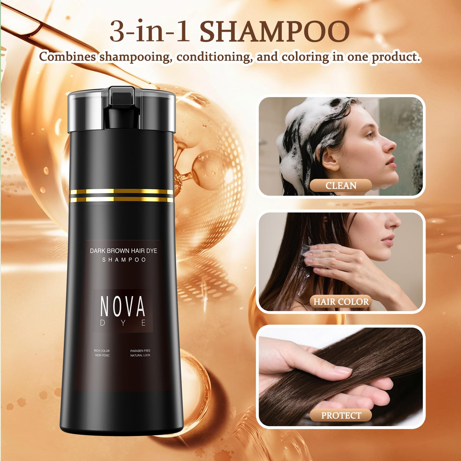 Seashell NOVA DYE Hair Dye Shampoo 3 in 1, Natural Dye Shampoo for Men & Women for Grey Hairs Coverage (Dark Brown)