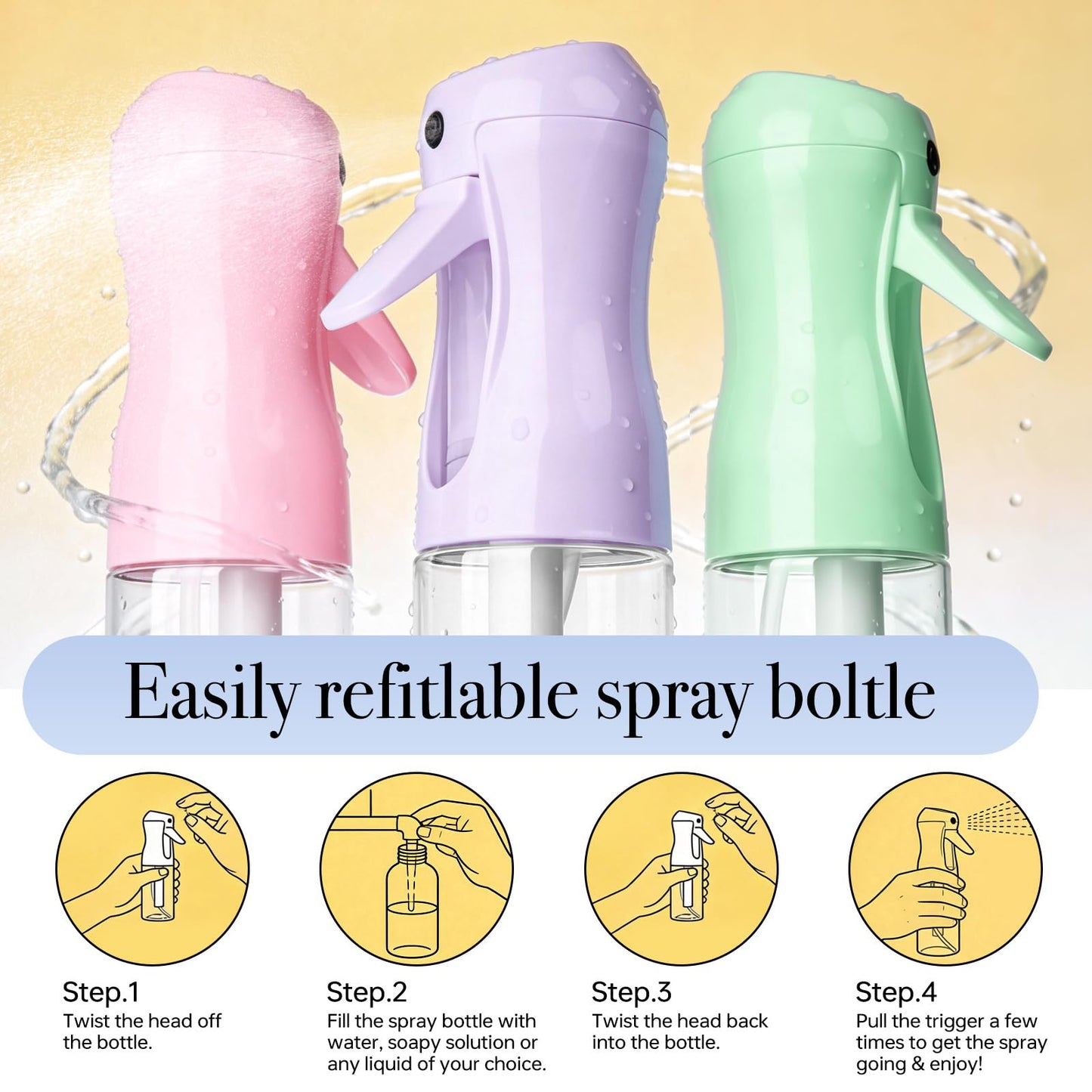 White Smoke RMNJPW 3Pcs Continuous Spray Bottles For Hair,Ultra Fine Mister for Hair Styling, Plants, Cleaning, Salon, Misting & Skin Care（200ml/6.8oz Green+Pink+Purple）