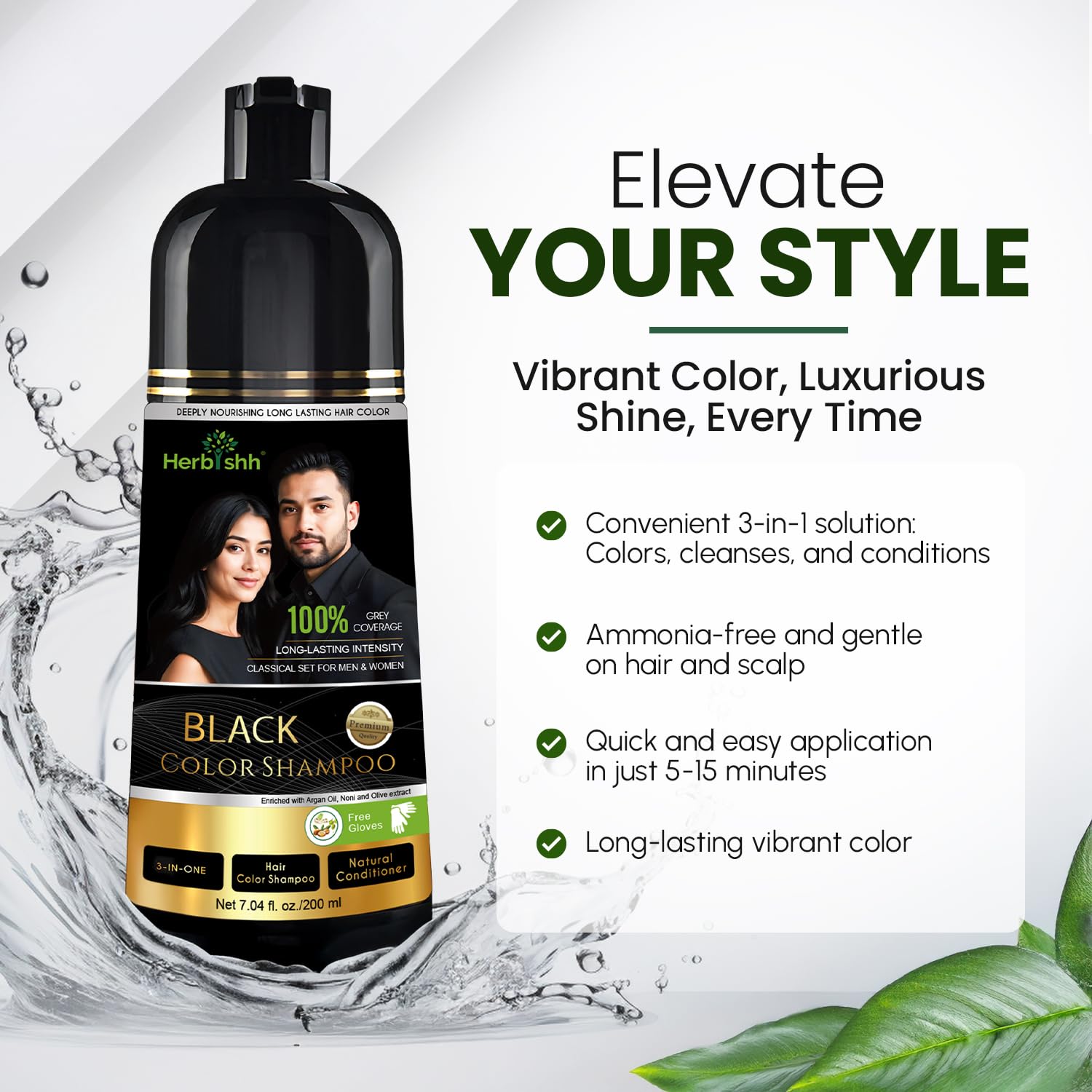 White Smoke Herbishh Black Shampoo, Hair Dye Shampoo 3 in 1, 100% Grey Coverage, Demi-Permanent Hair Color for Men & Women, Long-lasting Color in 5-15 Mins, Ammonia-free, 200 ml