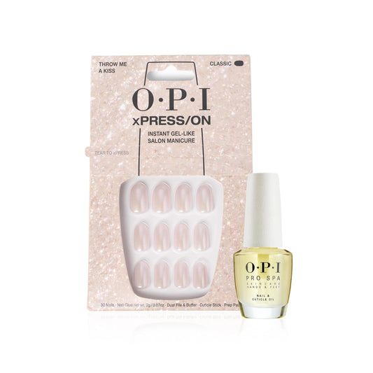 Light Gray Bundle of OPI xPress/On Press On Nails, With Nail Glue, Short Pink Nails, Throw Me a Kiss + OPI ProSpa Nail and Cuticle Oil, 0.5 fl oz