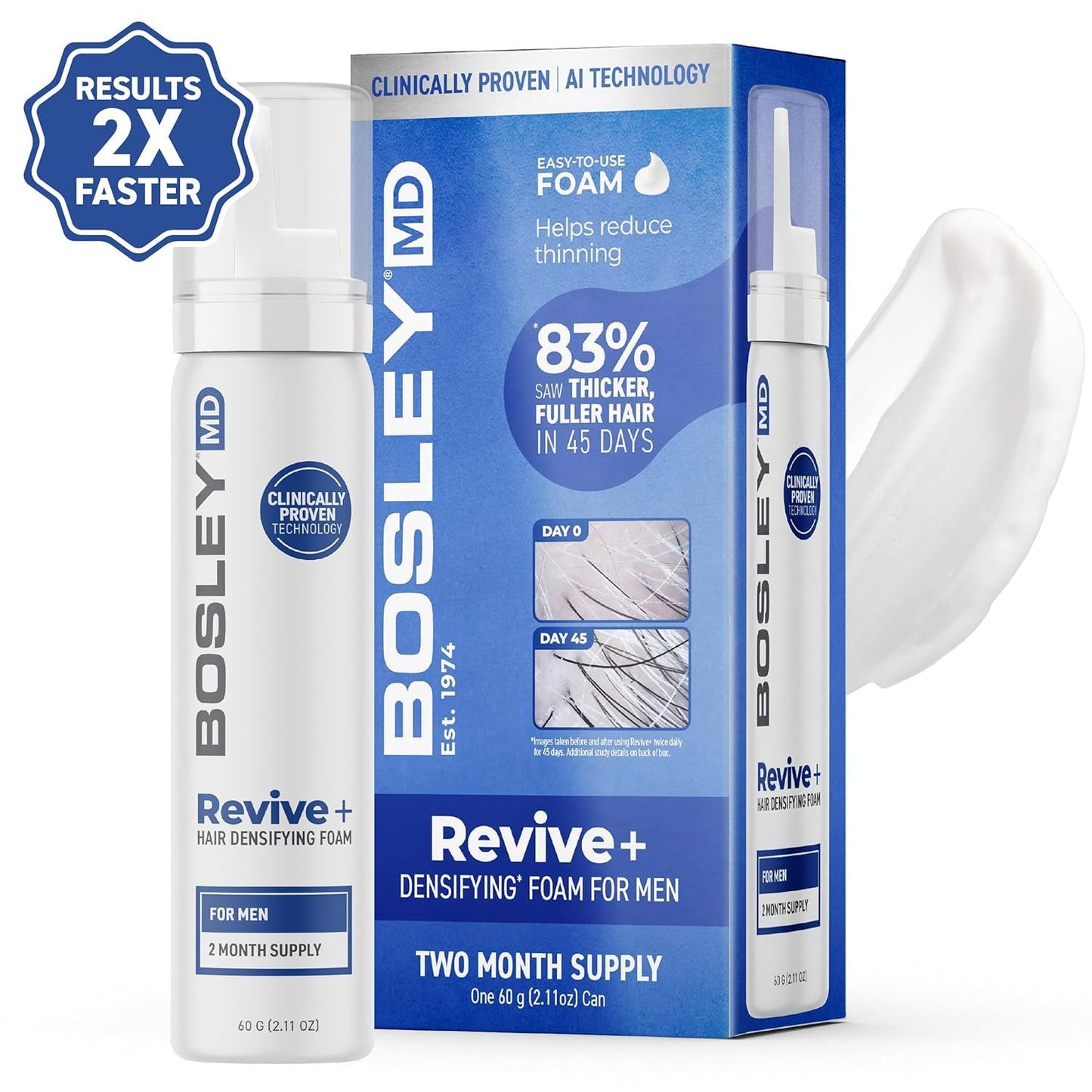 White Smoke BosleyMD Men’s Revive + Densifying Treatment Foam – Drug-Free Hair Thinning Treatment with YuvaBio® Y100™, Biotin & Pumpkin Seed Oil – 60-Day Supply, 2.11 oz