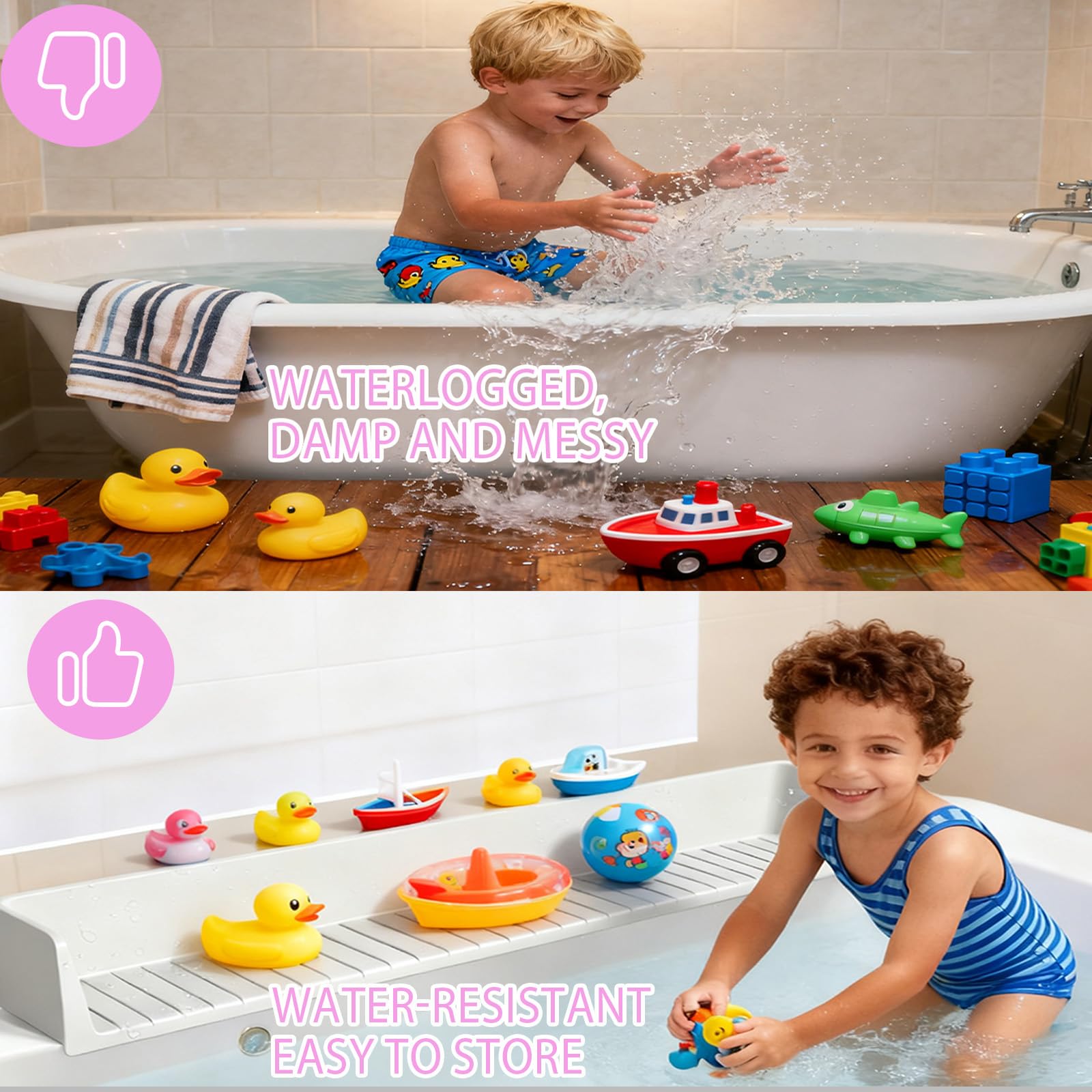 Dark Gray Longer Bath Tub Splash Guard for Kids,Silicone Bath Toy Holder for Bathtub,Prevent Water Spills in Bathroom,Fun-Filled Bath Time for Toddlers Including Bath Brush and Toy Storage Bag (Grey)