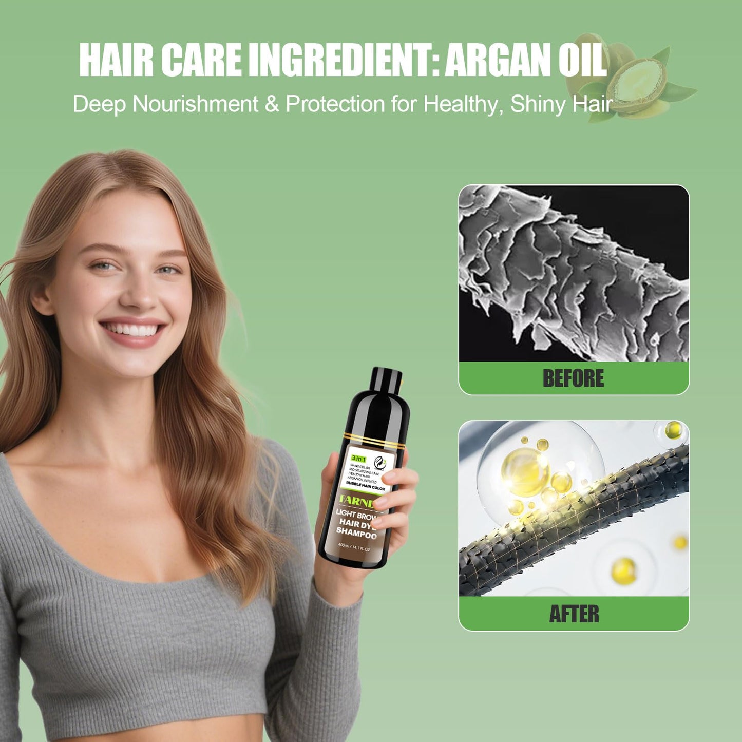 Dark Sea Green FARNDU Light Brown Hair Dye Shampoo 3 in 1 with Argan Oil – 10-15 Min Gray Coverage, Natural Instant Hair Color Shampoo for Women and Men, Ammonia & Paraben Free, Long-Lasting Up to 6 Months