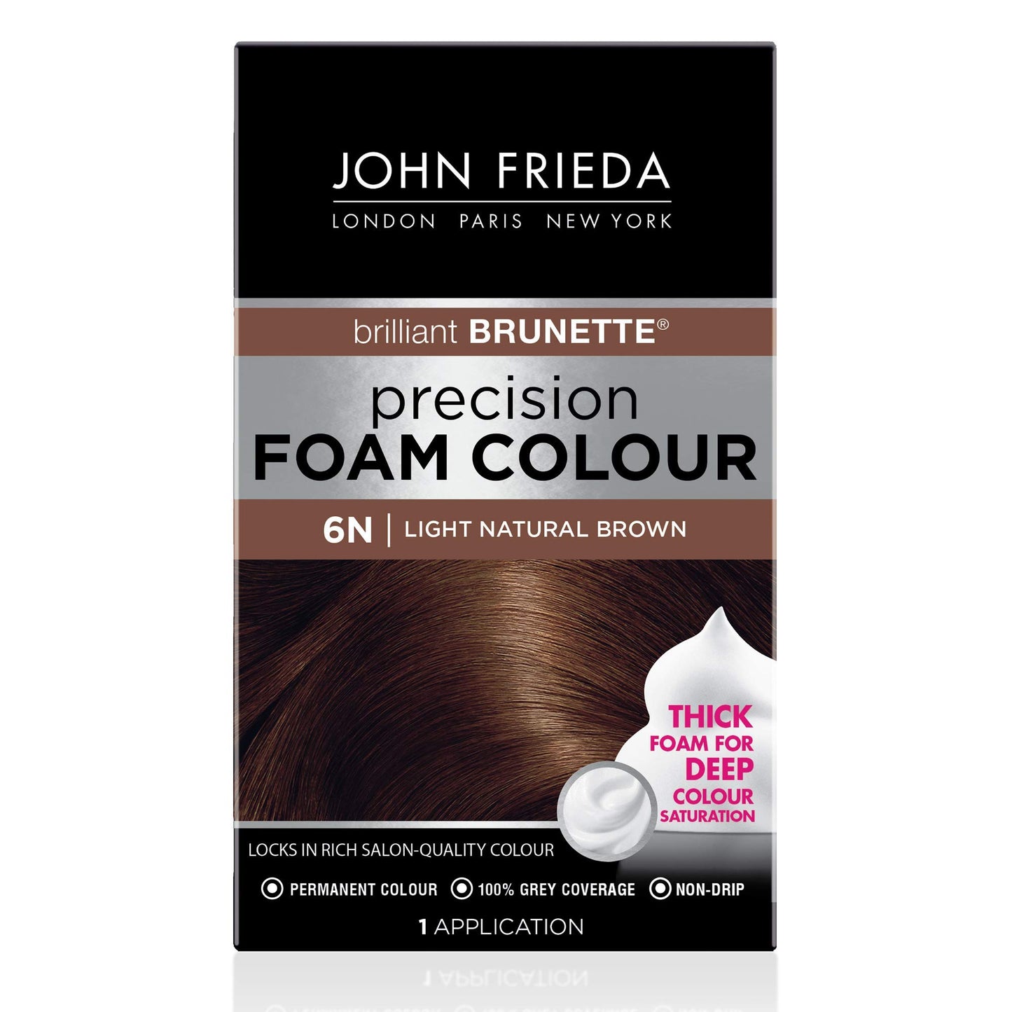 Black John Frieda Precision Foam Colour, Light Natural Brown 6N, Full-Coverage Hair Color Kit, Anti-Fade Gray Coverage, Deep Color Saturation Hair Dye, 1 Application