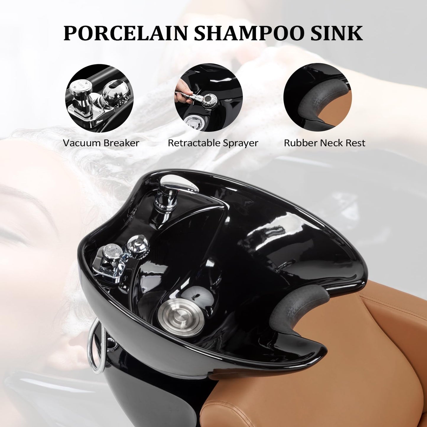 White Smoke OmySalon Salon Shampoo Bowl and Chair, Extra Wide Seat & Porcelain Hair Washing Sink, Shampoo Unit for Beauty Spa Barbershop, Camel