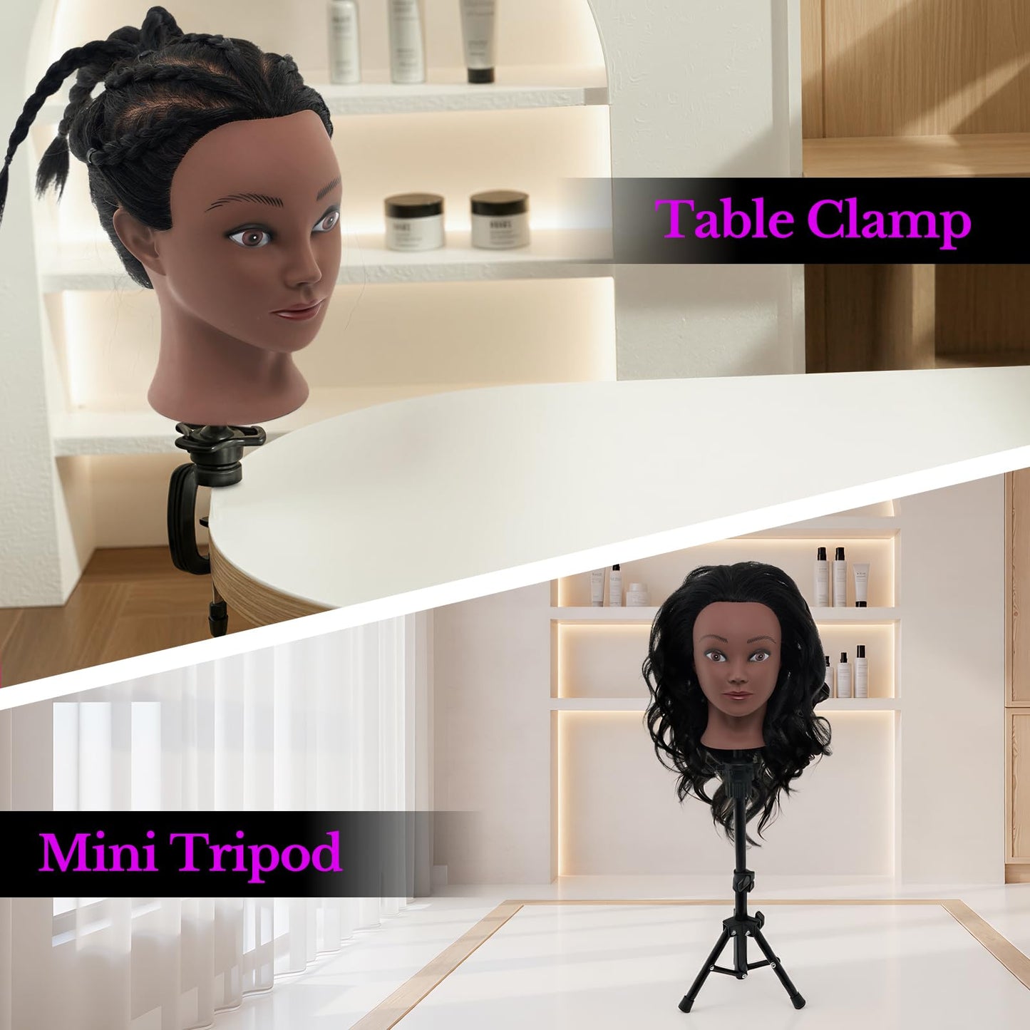 Lavender 18" Mannequin Head Human Hair with Stand - 100% Real Human Hair Mannequin Head for Braiding, Cosmetology Manikin Doll Head for Hair Styling with Tripod Stand Table Clamp Hair Braiding Set,Black
