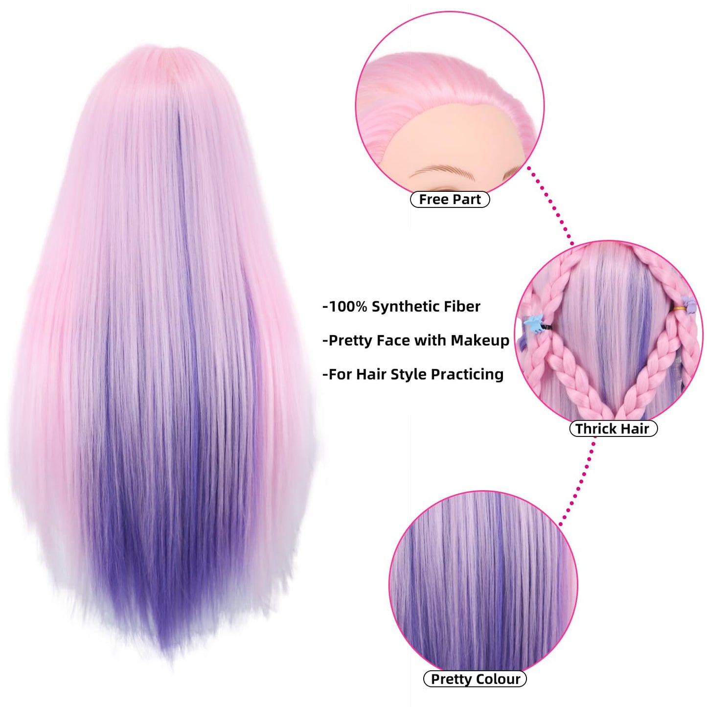White Smoke Eumos Mannequin Head with Hair, 29'' Doll Head for Hair Styling Training Head Manikin Practice Cosmetology Doll Head Styling Hairdressing Training Braiding Heads with Clamp Holder (Pink Purple)