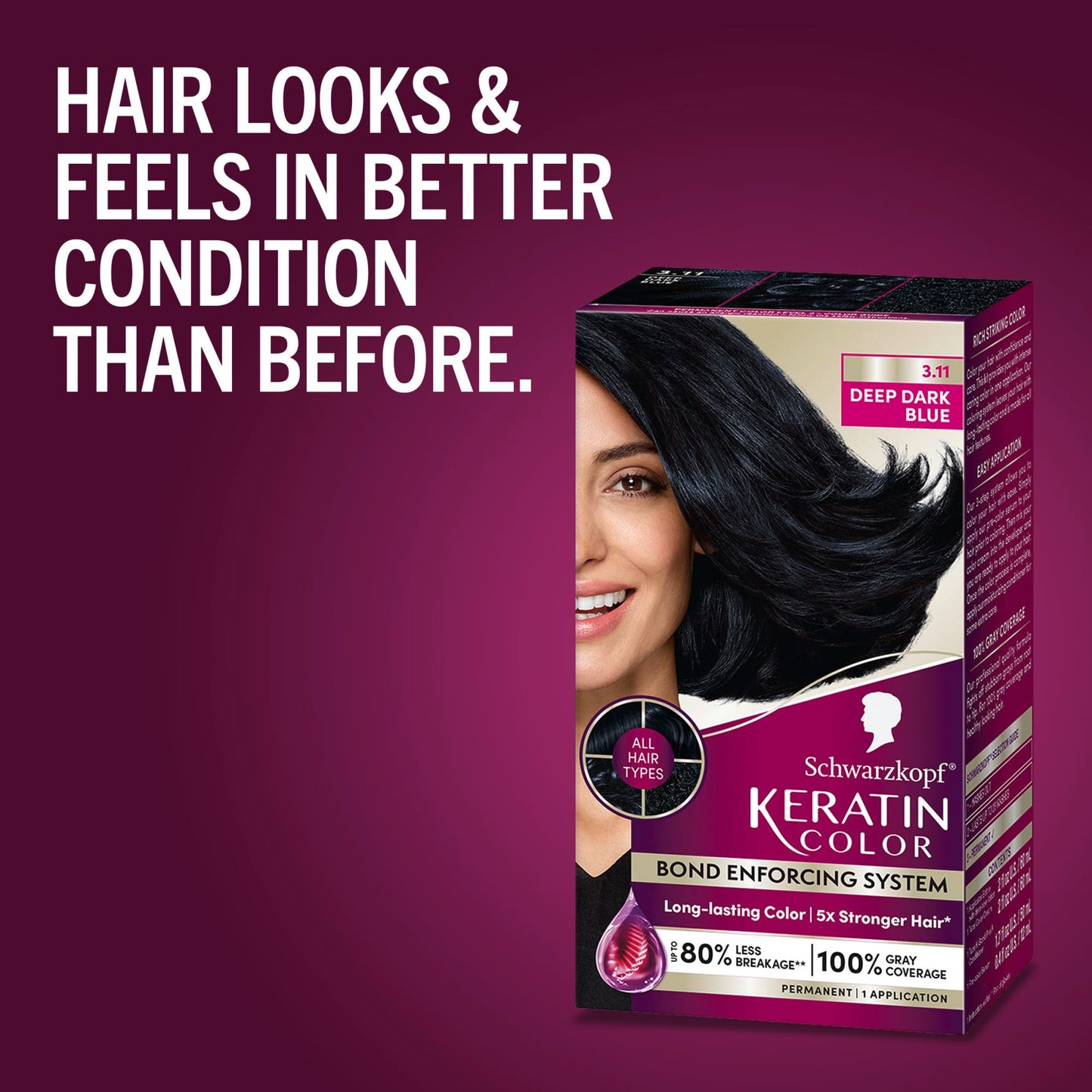 Dark Red Schwarzkopf Keratin Permanent Hair Dye Cream, 3.11 Deep Dark Blue, Professional Quality Color for Up to 100% Gray Coverage, Bond Enforcing System