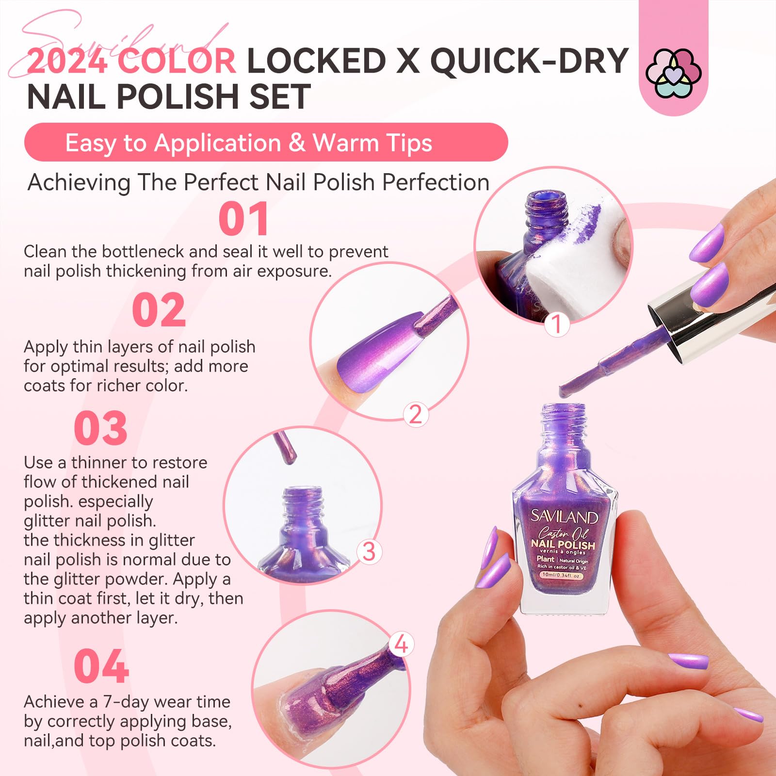 White Smoke SAVILAND 6pcs Ombre Nail Polish Sets: Charm Pink Blue Gold Purple Pearl Summer Fingernail Polish Colors Air Quick Dry Nail Polish Plant-base Castor Oil Natural Nail Lacquer Women Home Manicure DIY