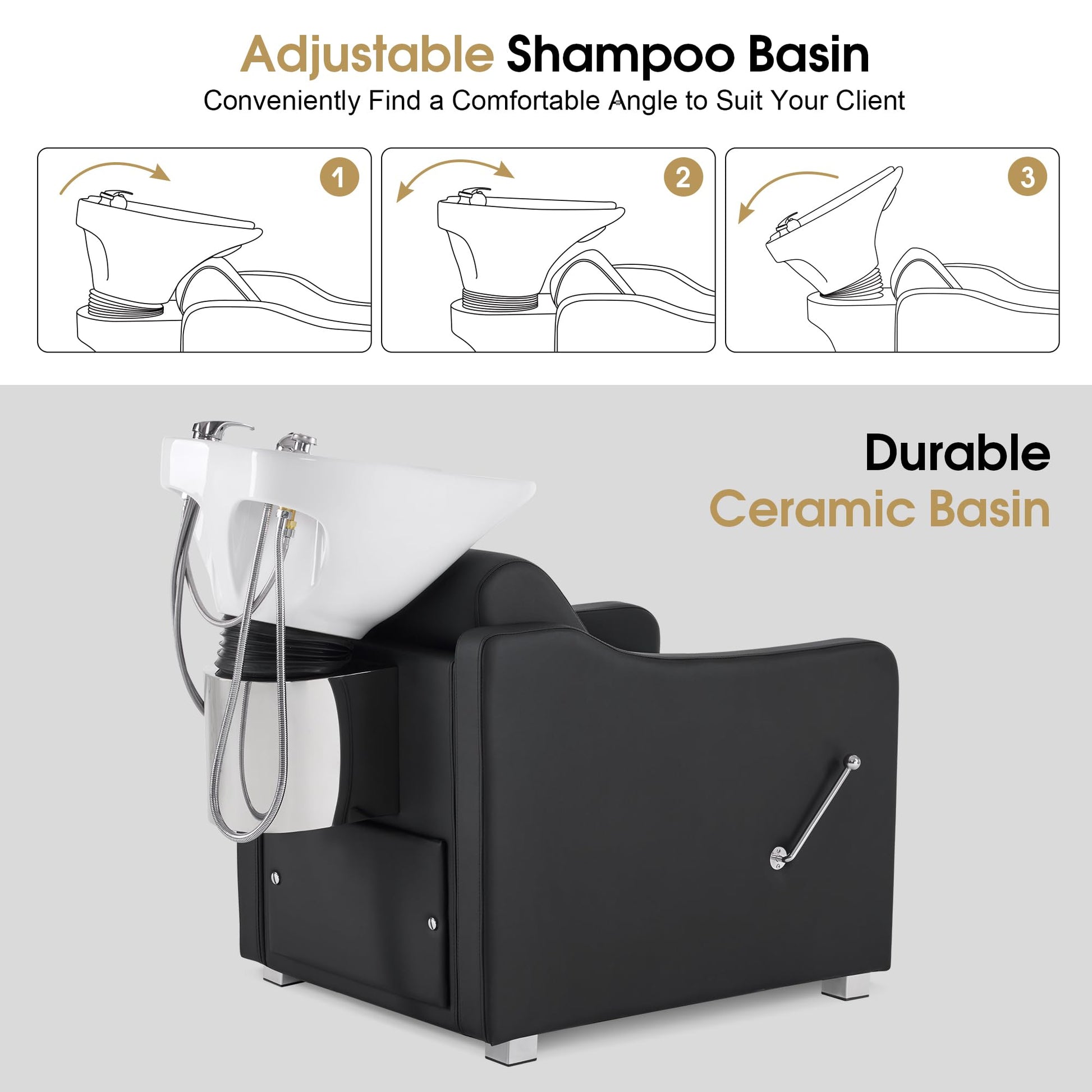 Light Gray BarberPub Backwash Shampoo Station Chair, Adjustable Porcelain Ceramic Hair Wash Bowl with Chair, Shampoo Station for Barber Shop, Spa Beauty Salon Equipment 9364 (Black)