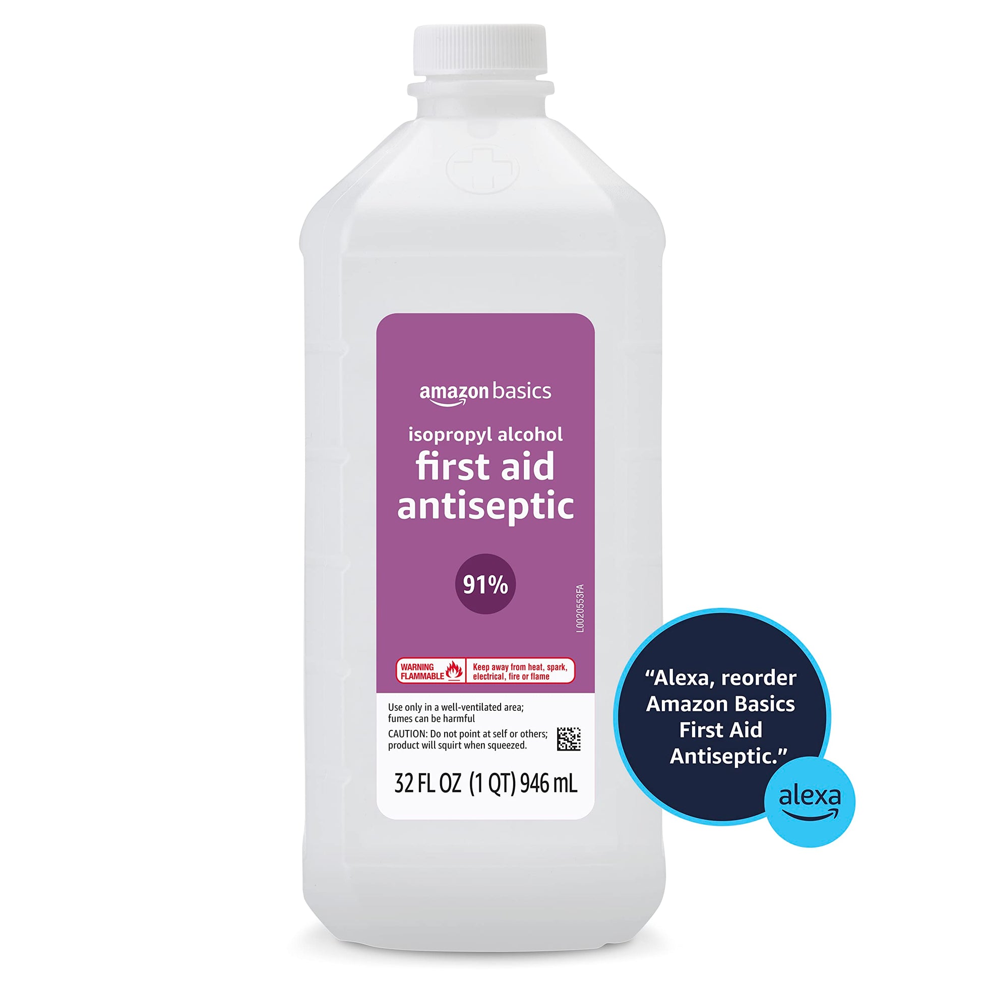 White Smoke Amazon Basics Isopropyl Alcohol 91% First Aid Antiseptic, Multipurpose Disinfectant for Minor Cuts and Scrapes, Unscented, 32 fl oz Bottle, Pack of 1 (Previously Solimo)
