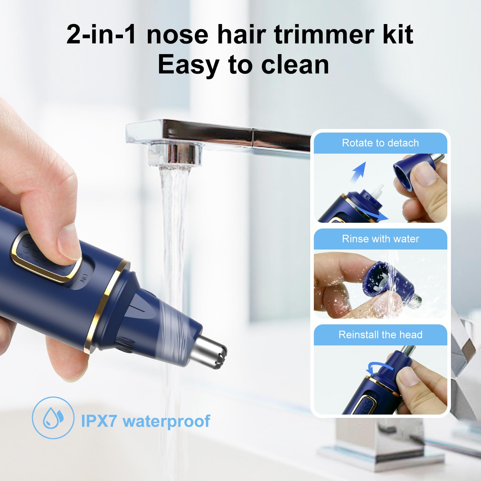 White Smoke XOOMRSCP Nose Hair Trimmers for Men，Rechargeable Hair Trimmer 2 in 1 Painless Multifunctional Ear and Nose Hair Trimmer with IPX7 Waterproof Dual Edge Blades (Blue)