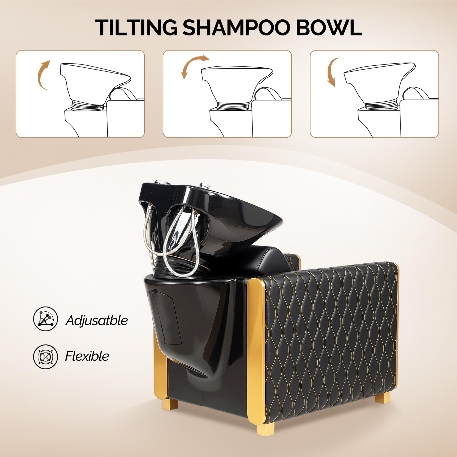 White Smoke OmySalon Shampoo Bowls for Salon, Black and Gold Shampoo Chair with Tilting Porcelain Sink, Hair Washing Station Backwash Barber Chair, Shampoo Unit for Beauty Spa Barbershop