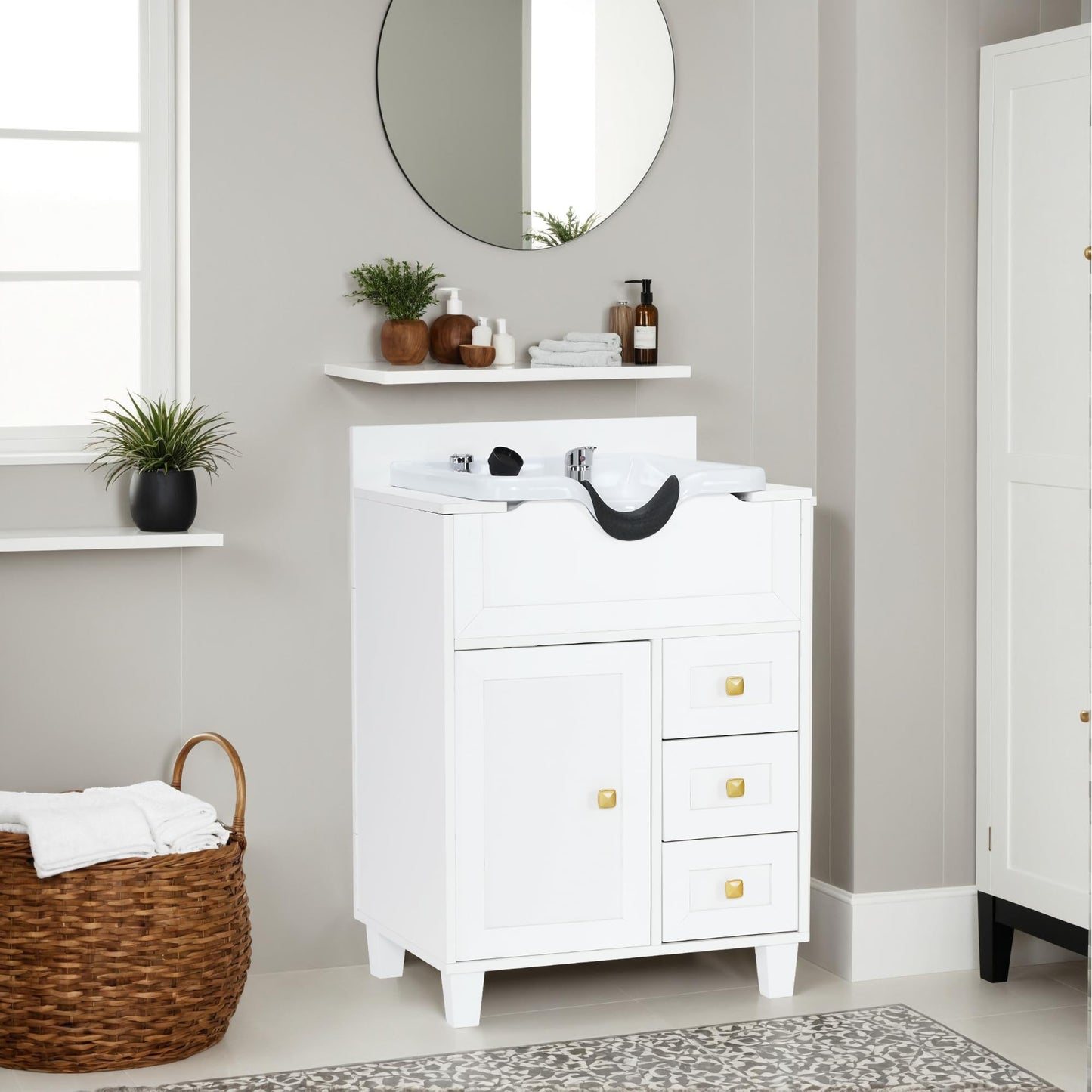 Gray BarberPub Barber Storage Shampoo Station, Spa Textured Embossed Cabinet with Shampoo Bowl & Drawers, Hair Salon Sink Backwash Equipment 7131 (All White)