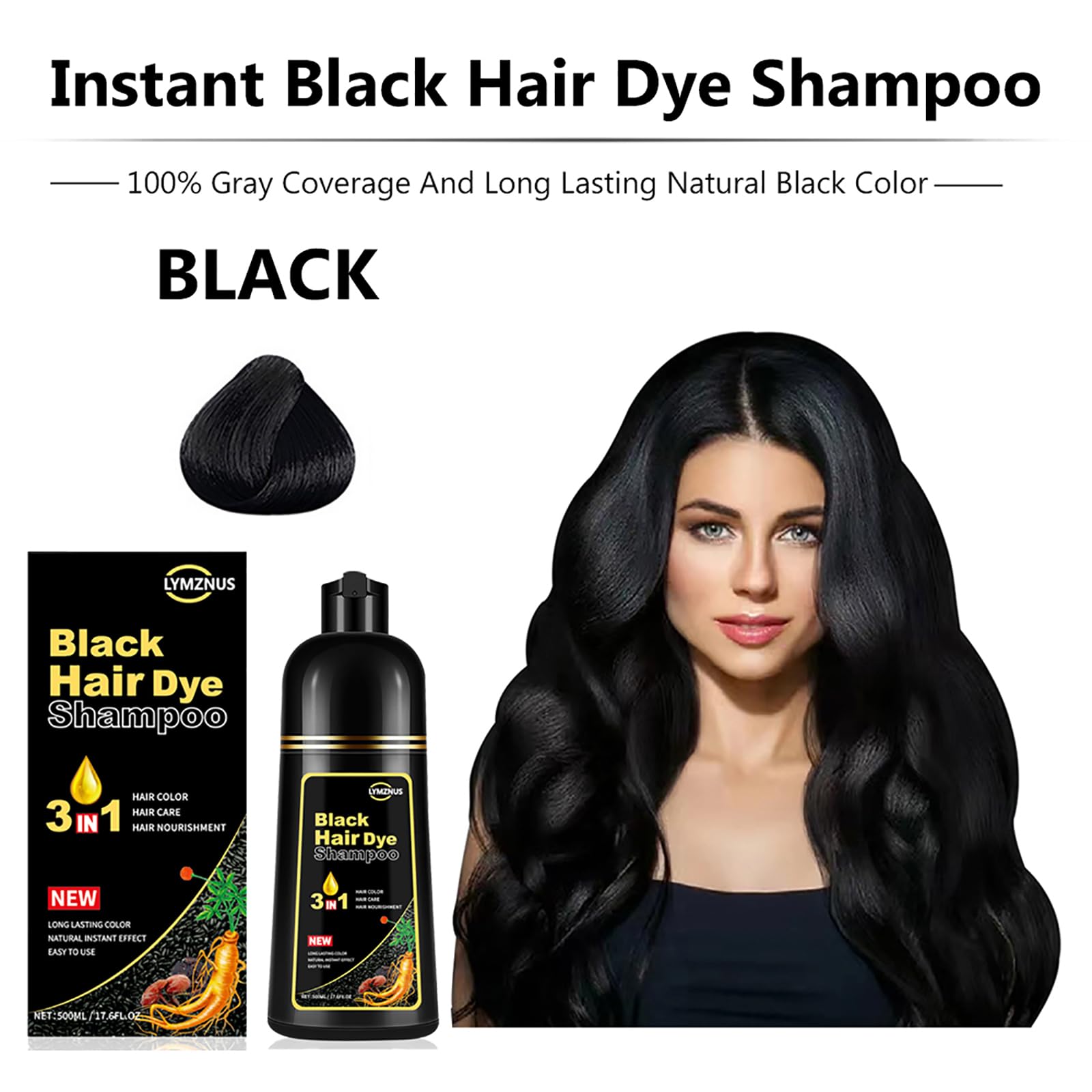 White Smoke lymznus Herbal Black Hair Dye Shampoo 3 in 1 for Gray Hair, Instant Hair Color Shampoo for Women & Men, Black Hair Shampoo for 100% Grey Coverage 500ML