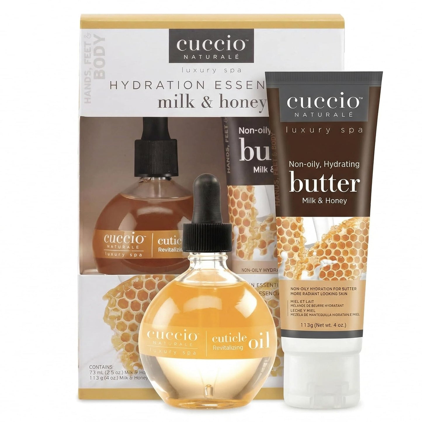 Light Gray Cuccio Naturale Luxury Spa Hydration Essentials Set - Provides Nourishing Hydration - Soothes And Softens The Skin - Delivers A Relaxing Feeling - Milk And Honey - 2 Pc Body Butter And Cuticle Oil