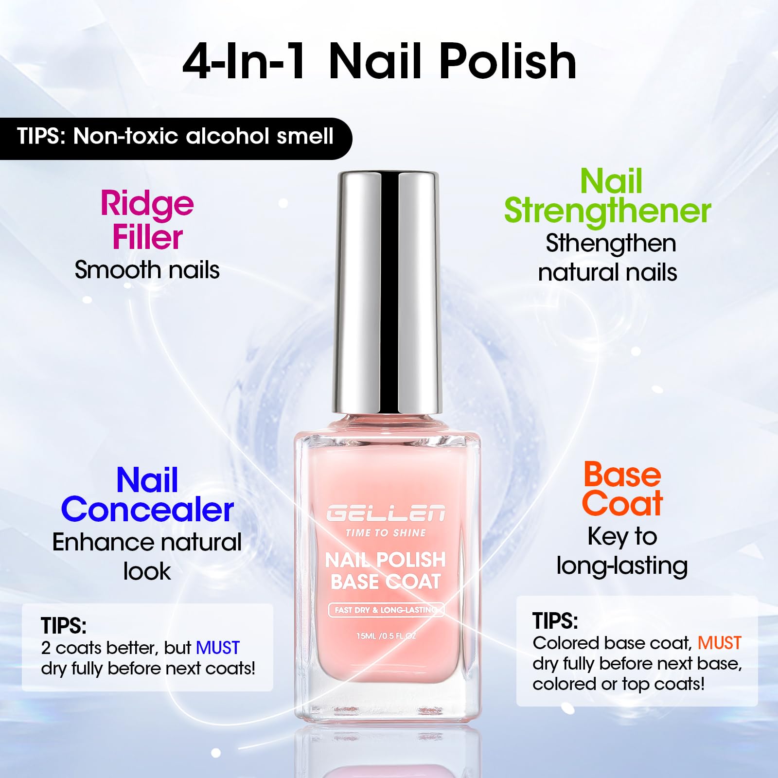 Lavender GELLEN 4‑in‑1 Clear Nail Polish Base Coat Sheer Tinted Milky Pink, Ridge Filler, Nail Strengthener & Concealer, Calcium Formula Strengthens Nails, Enhances Natural Look, No HEMA, Anti-yellowing