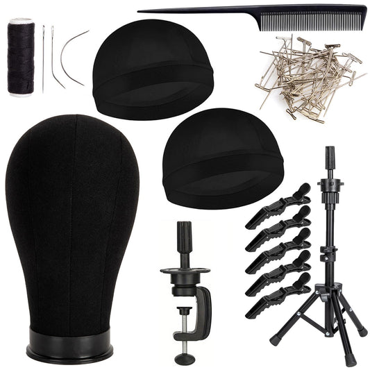 White Smoke GOODColla Mannequin Canvas Head with Wig Stand for Making Display, Cork Canvas Block Head with Wig Caps, Canvas Mannequin Head with T Pins Set Hair Styling Practice Display