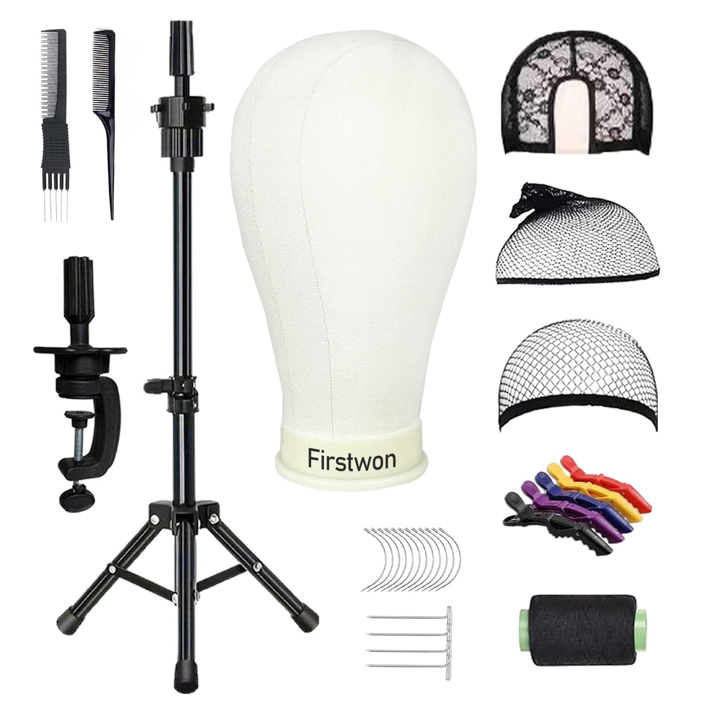 White Smoke Firstwon 22 Inch Wig Head Mannequin Head for Wigs, Wig Stand with Head for Hair Styling Practice Display Wigs Making Tripod Stand with T Pins Set