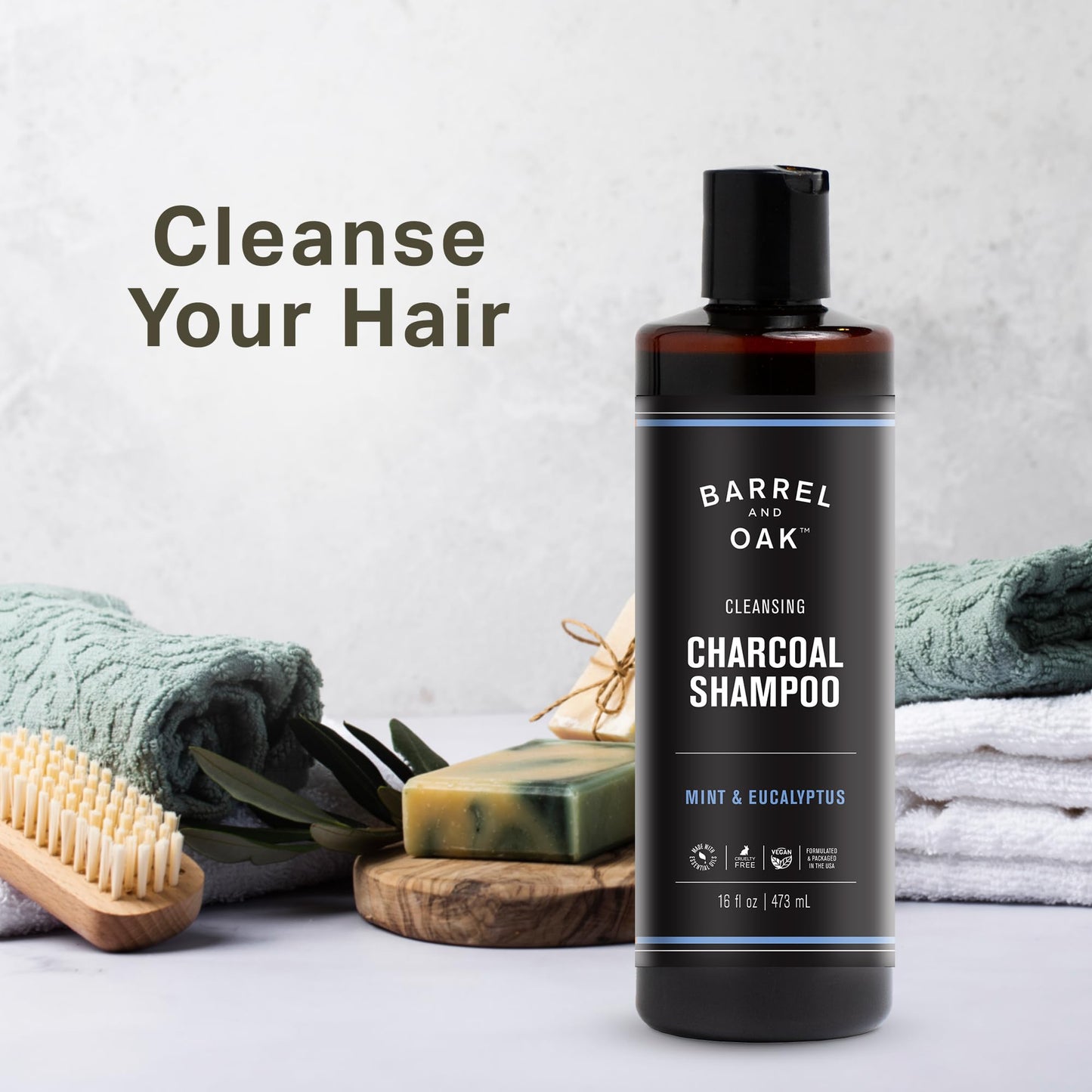 Lavender Barrel & Oak Mint & Eucalyptus Charcoal Shampoo for Men, Cleansing Men’s Shampoo with Botanical Extracts & Essential Oils, Scalp Care, Vegan Hair Care Essentials, 16 oz
