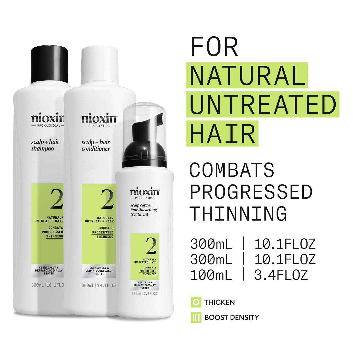 White Smoke Nioxin Scalp + Hair Thickening System 2 | For Natural or Untreated Hair with Progressed Thinning| Full Size| 3 Month Supply
