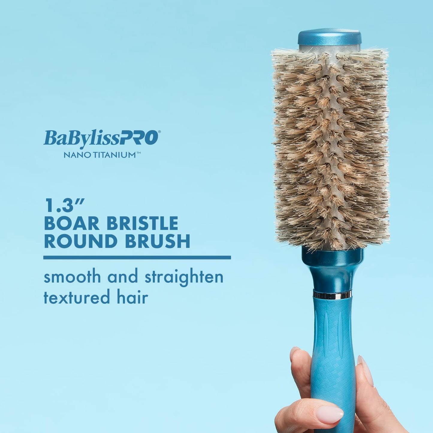 Pale Turquoise BaBylissPRO Nano Titanium 1.3" Boar Bristle Round Hair Brush – Professional Styling Brush for Shine & Smoothness – Thick and Textured Hair for Silky, Frizz-Free Shine
