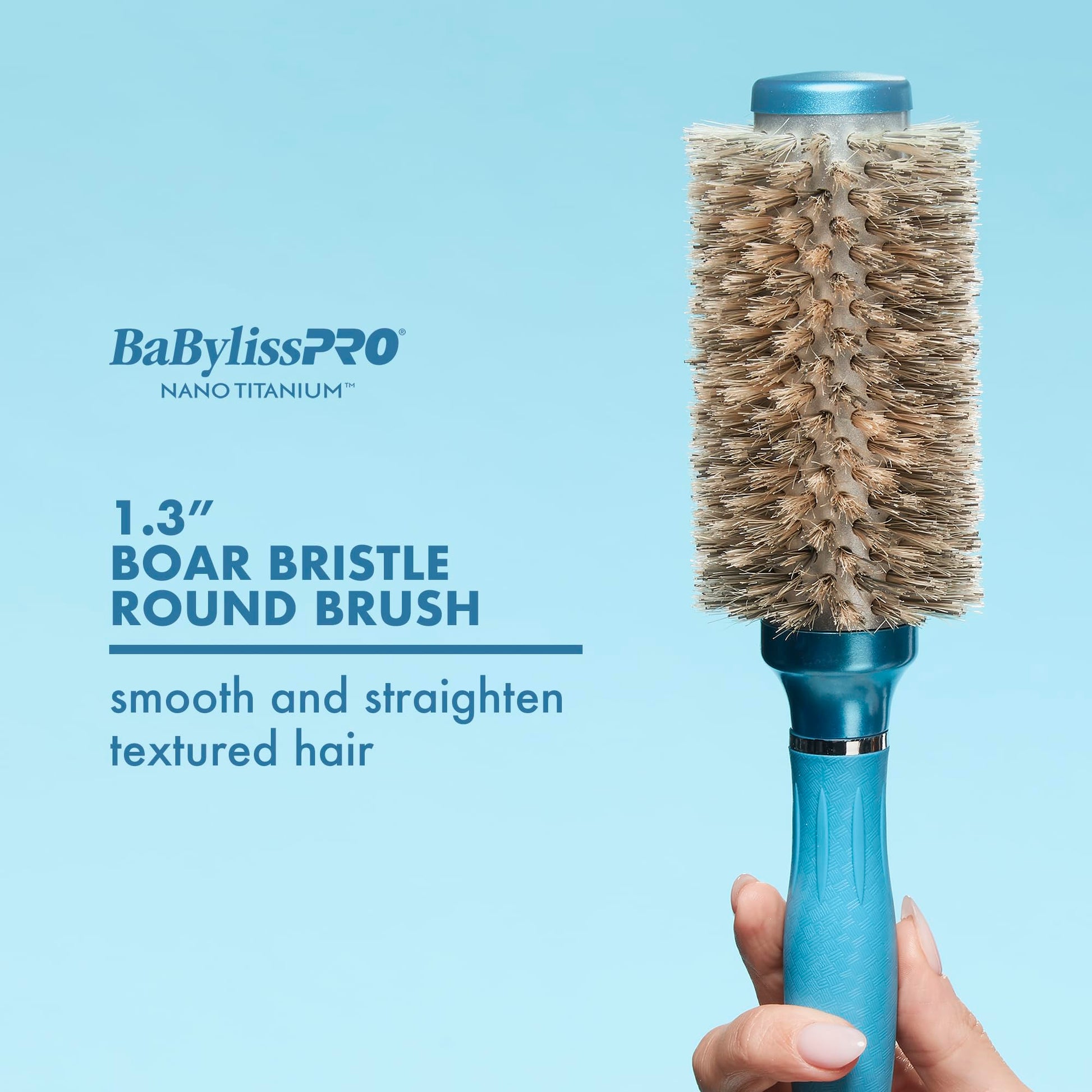 Pale Turquoise BaBylissPRO Nano Titanium 1.3" Boar Bristle Round Hair Brush – Professional Styling Brush for Shine & Smoothness – Thick and Textured Hair for Silky, Frizz-Free Shine
