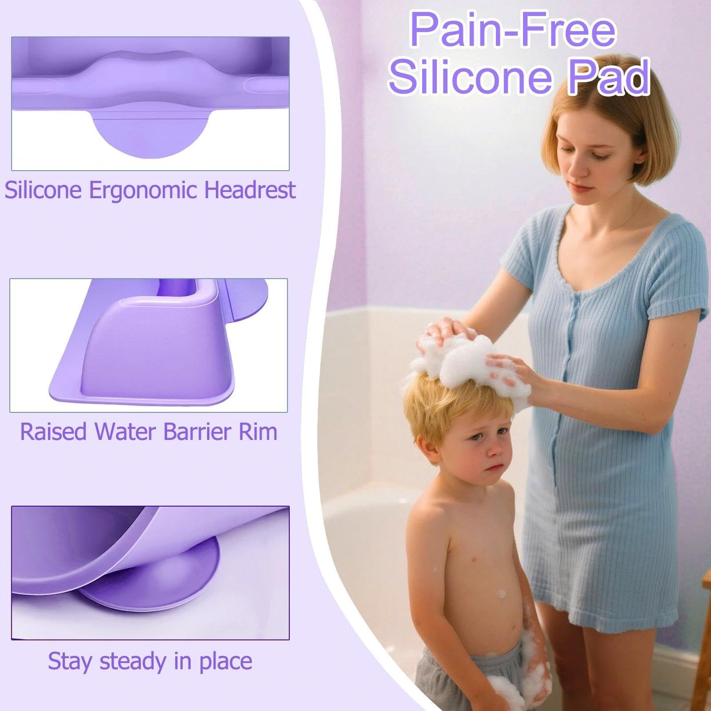 Lavender nestery Hair Washing Station for Kids, Silicone Portable Shampoo Bowl and Elderly with Rinse Cup & Scalp Massager, Hair Washing Basin for Sink or Bathtub at Home with Neck Support Purple